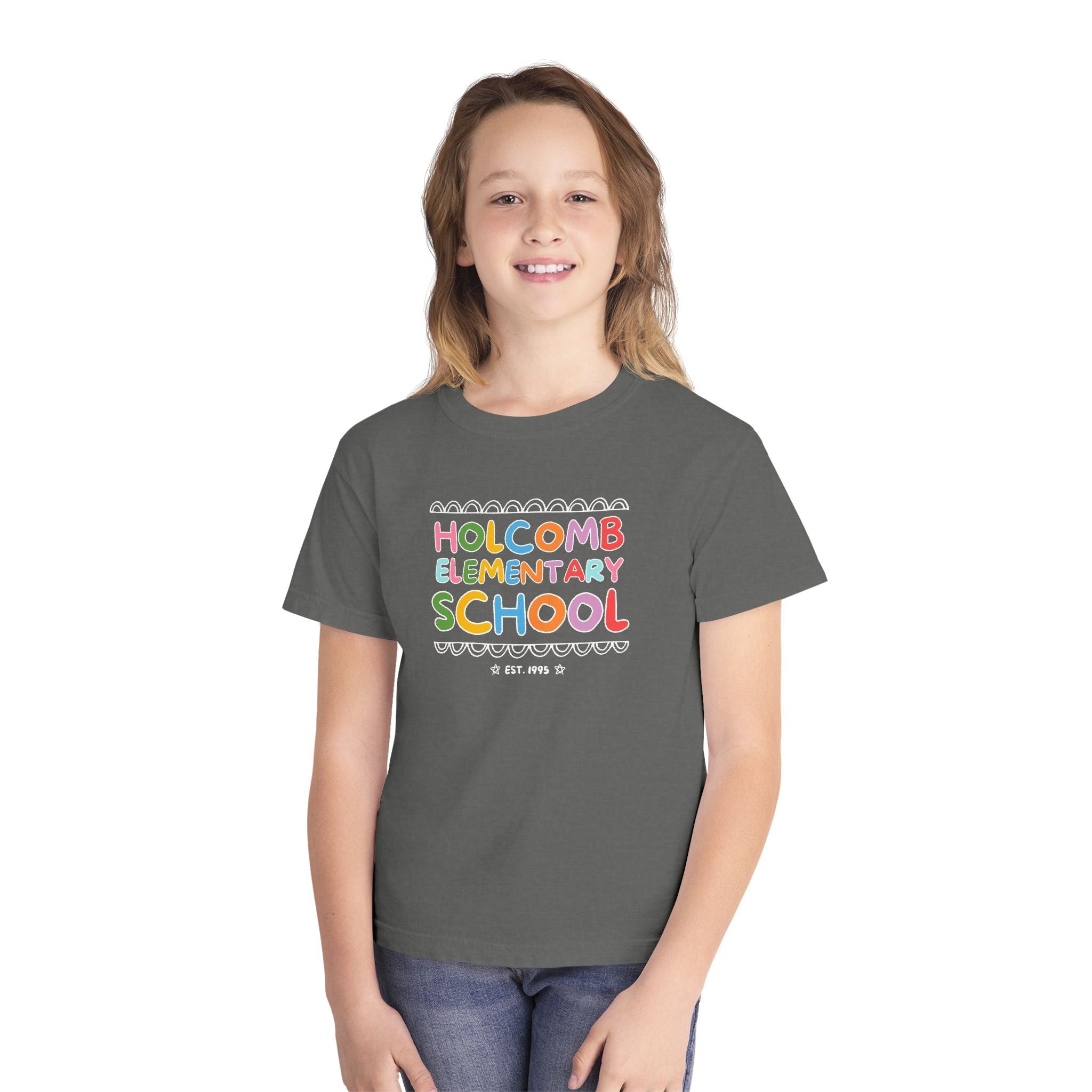 Holcomb Elementary School Kids Tee Shirt: Rainbow Letters | FPS + Opal and June T-Shirt, Fayetteville Public Schools - Opal and June