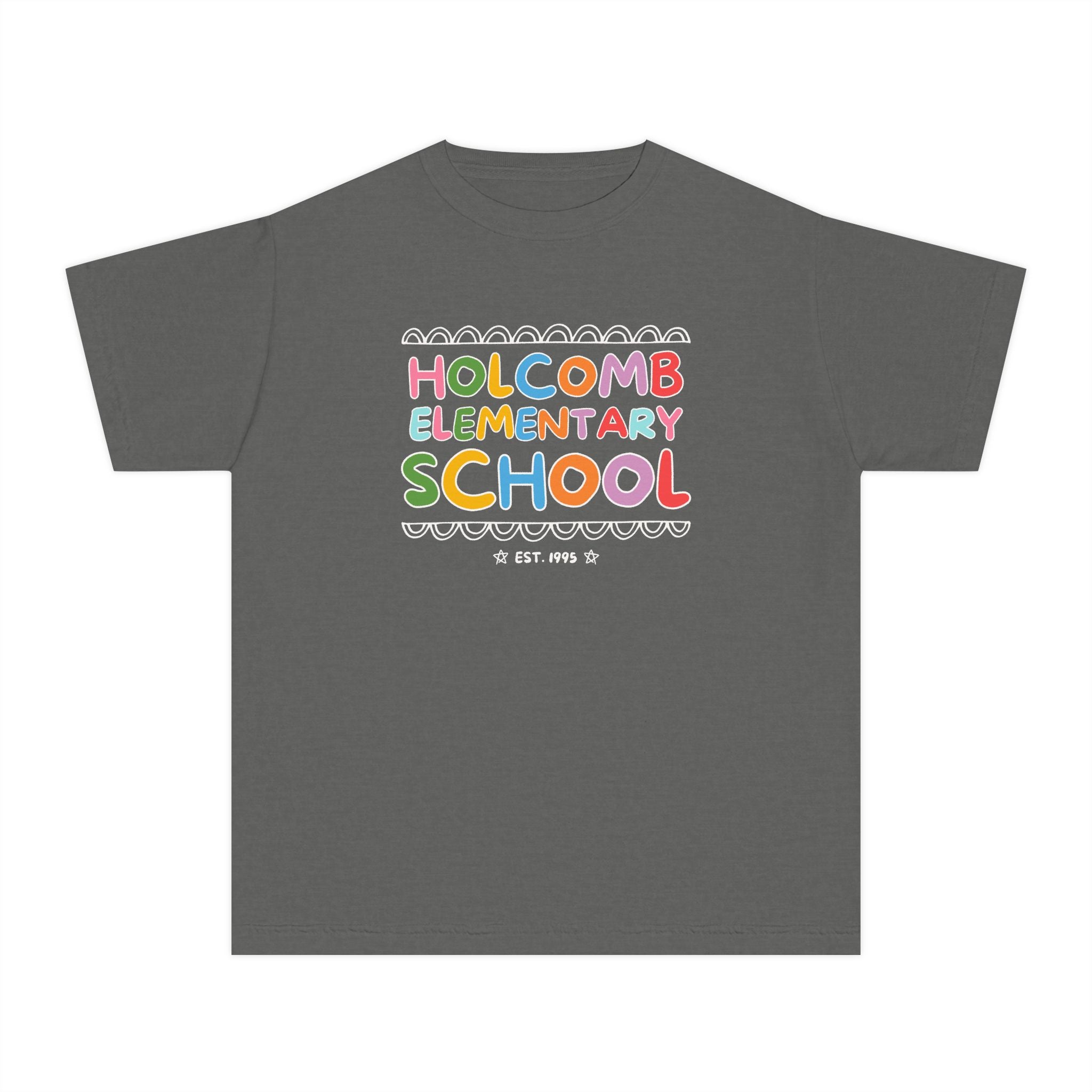 Holcomb Elementary School Kids Tee Shirt: Rainbow Letters | FPS + Opal and June T-Shirt, Fayetteville Public Schools - Opal and June