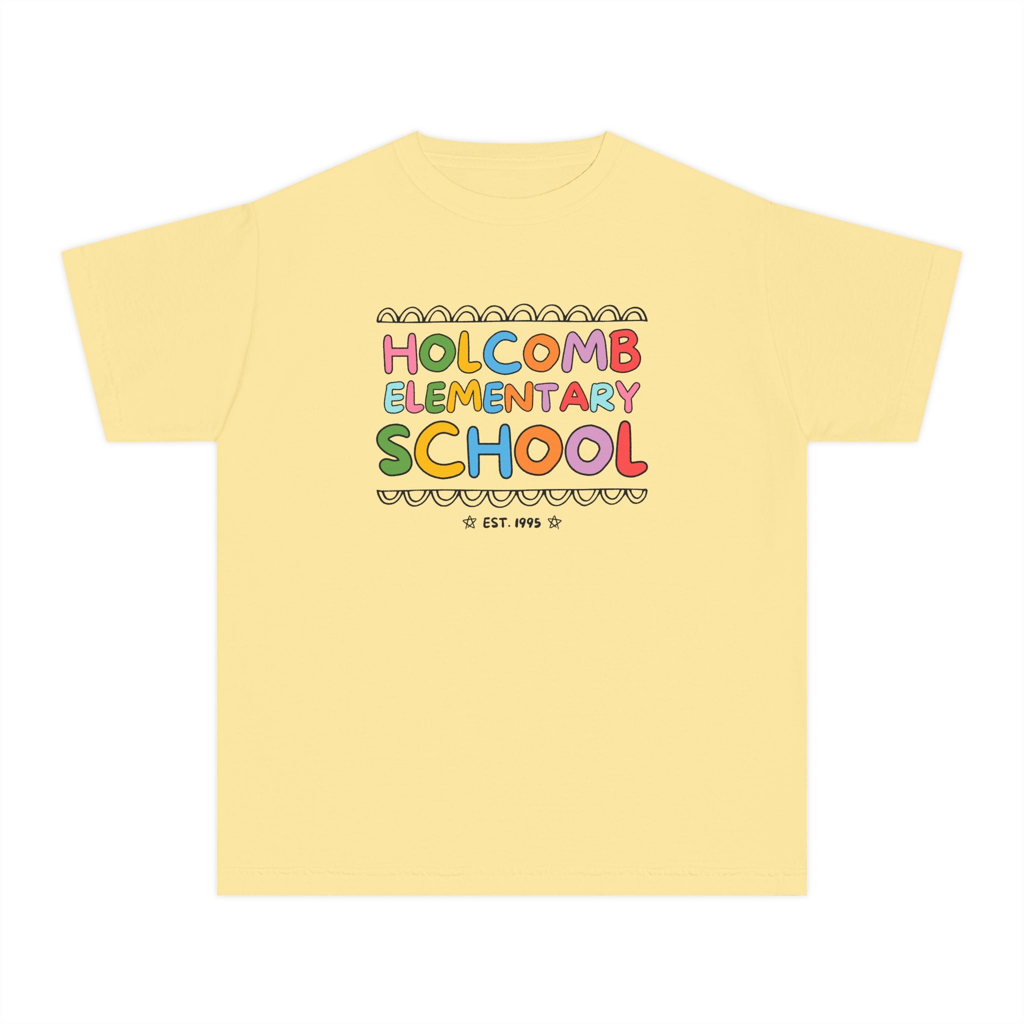 Holcomb Elementary School Kids Tee Shirt: Rainbow Letters | FPS + Opal and June T-Shirt, Fayetteville Public Schools - Opal and June