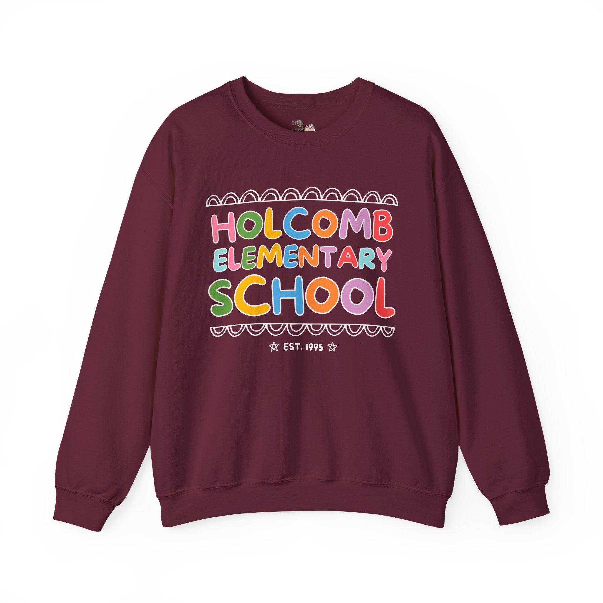 Holcomb Elementary School Sweatshirt: Rainbow Letters | FPS + Opal and June Crewneck, Fayetteville Public Schools - Opal and June