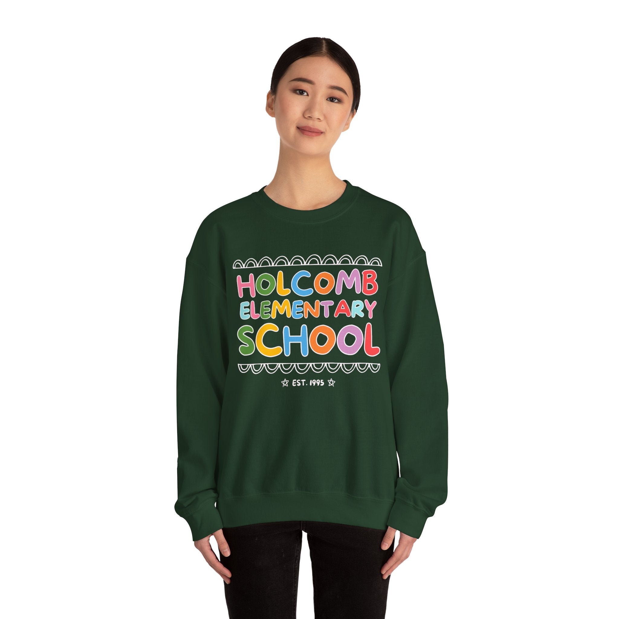 Holcomb Elementary School Sweatshirt: Rainbow Letters | FPS + Opal and June Crewneck, Fayetteville Public Schools - Opal and June
