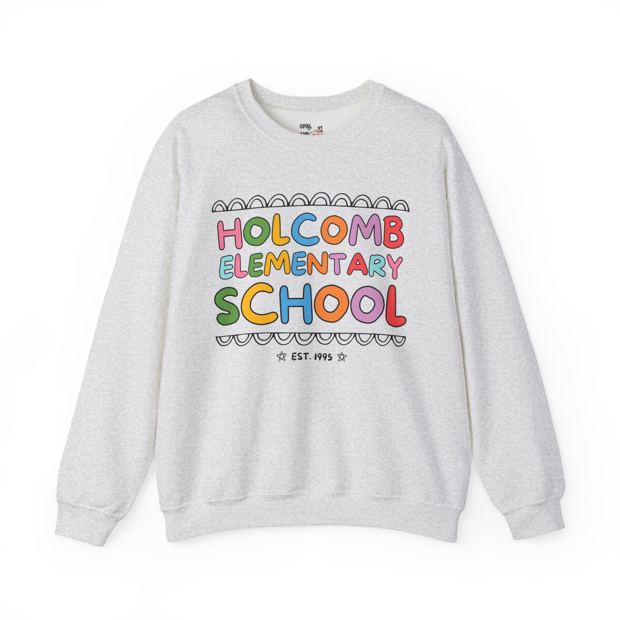 Holcomb Elementary School Sweatshirt: Rainbow Letters | FPS + Opal and June Crewneck, Fayetteville Public Schools - Opal and June