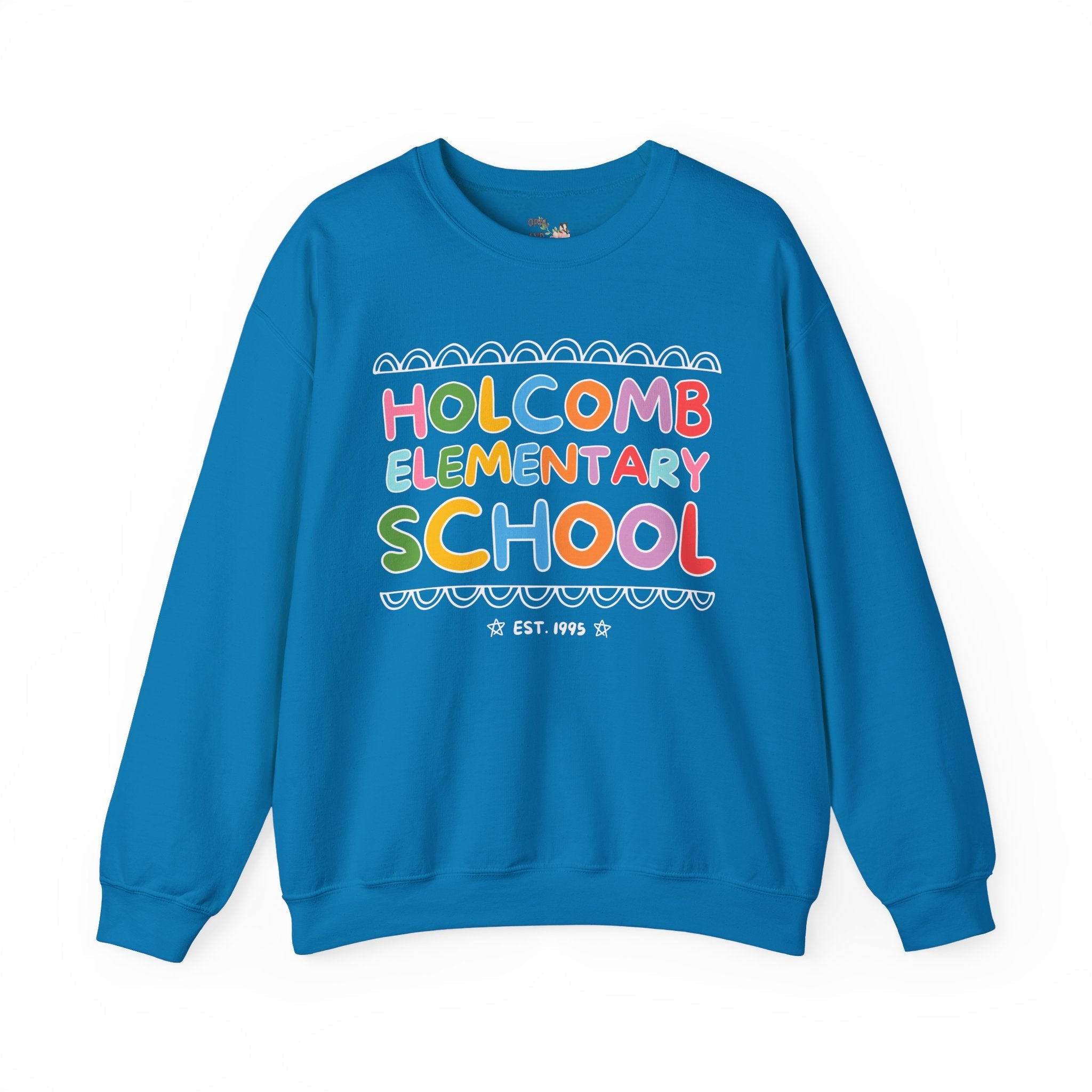 Holcomb Elementary School Sweatshirt: Rainbow Letters | FPS + Opal and June Crewneck, Fayetteville Public Schools - Opal and June