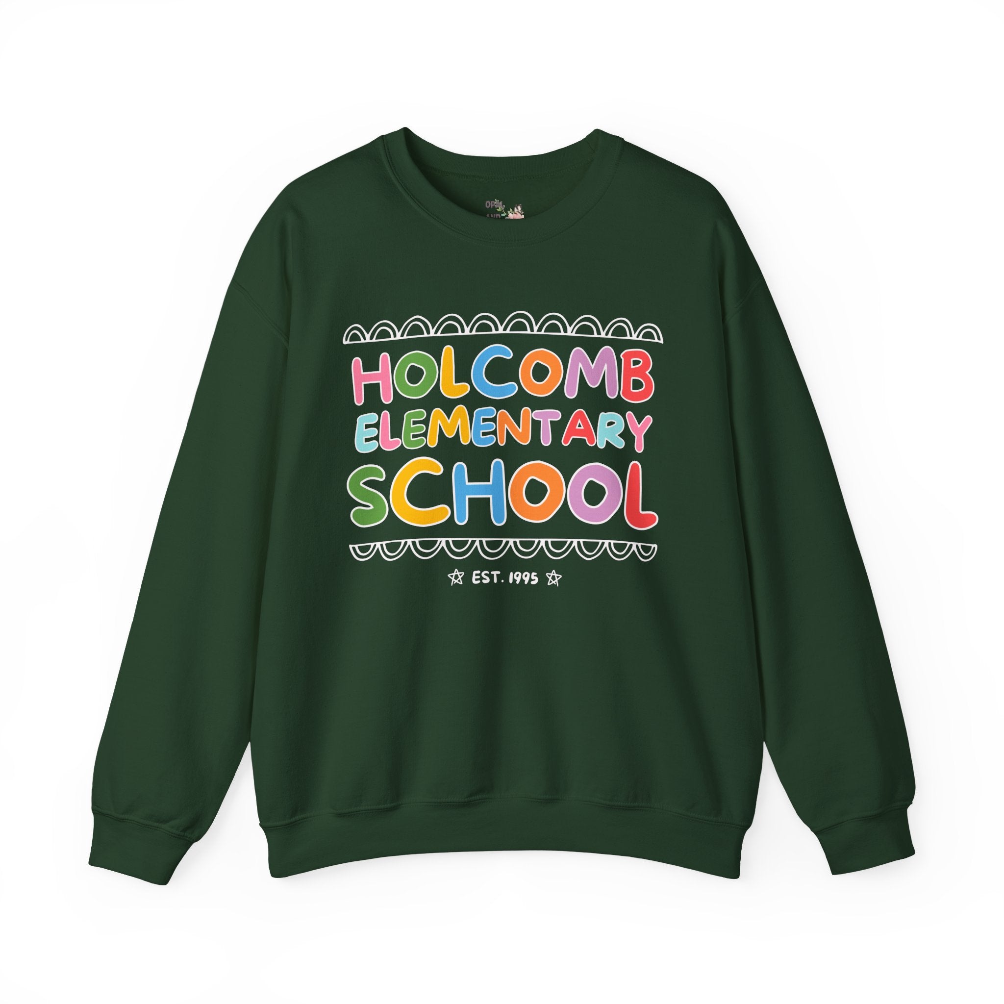 Holcomb Elementary School Sweatshirt: Rainbow Letters | FPS + Opal and June Crewneck, Fayetteville Public Schools - Opal and June
