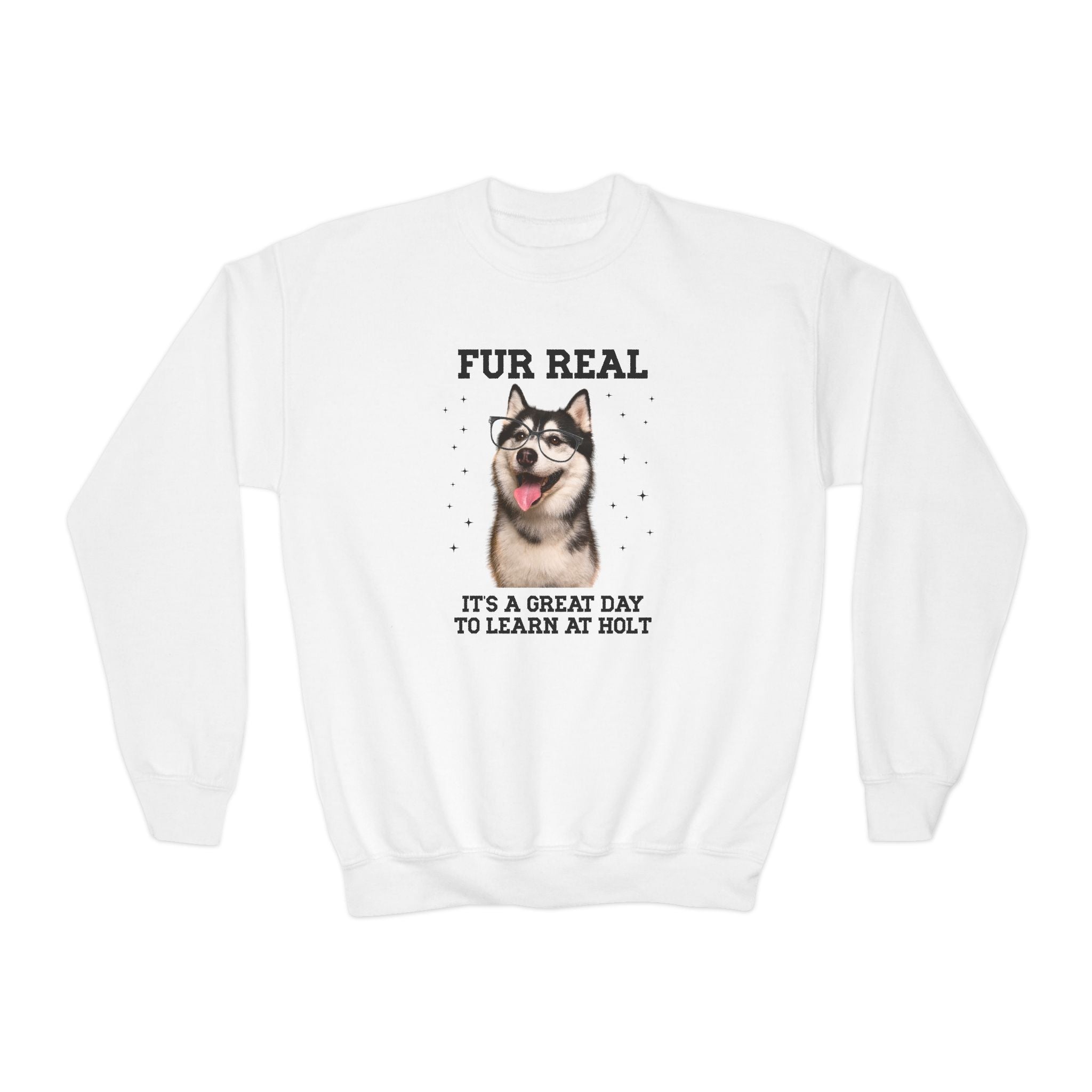 Holt Middle School Kids Sweatshirt: Fur Real, It's a Great Day to Learn at Holt | FPS + Opal and June Kids Sweatshirt, Fayetteville Public Schools - Opal and June