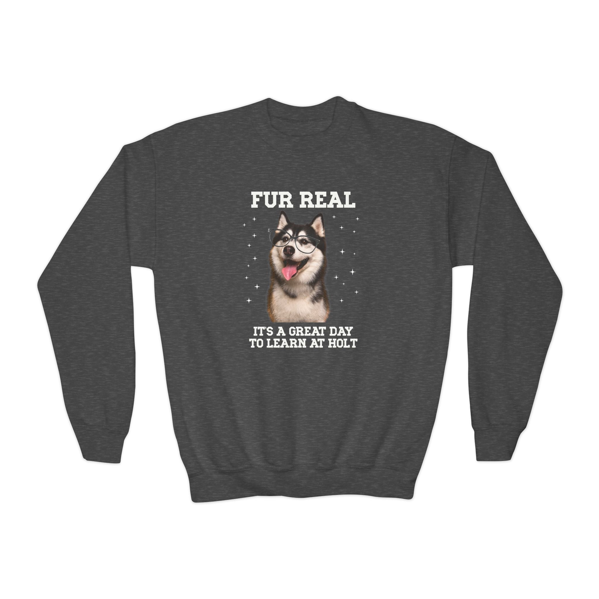 Holt Middle School Kids Sweatshirt: Fur Real, It's a Great Day to Learn at Holt | FPS + Opal and June Kids Sweatshirt, Fayetteville Public Schools - Opal and June