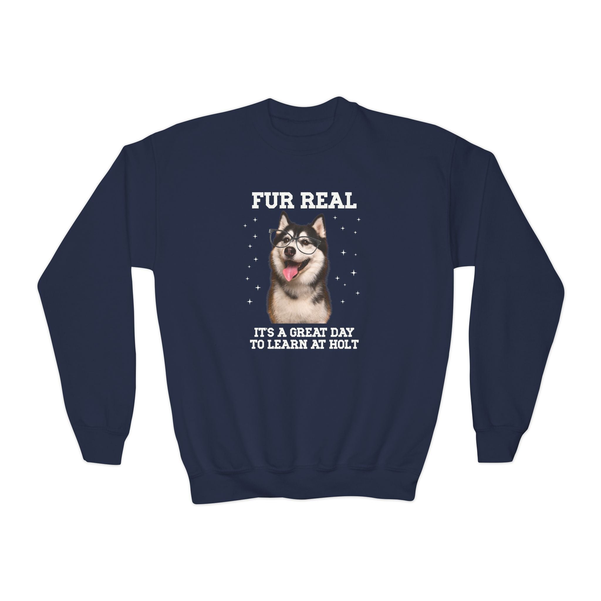 Holt Middle School Kids Sweatshirt: Fur Real, It's a Great Day to Learn at Holt | FPS + Opal and June Kids Sweatshirt, Fayetteville Public Schools - Opal and June