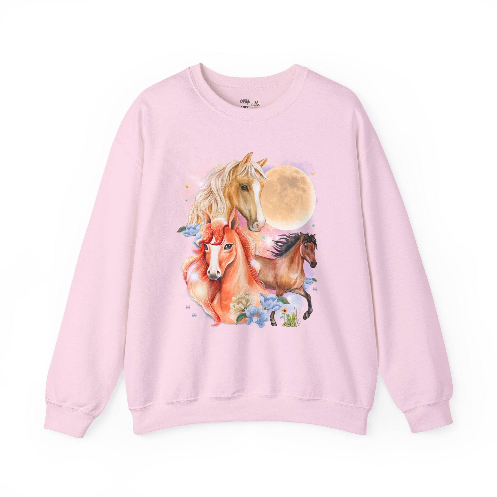 Horse Animal Lover Sweatshirt with Butterflies and Flowers: Retro Goblincore Crewneck with Moon, Silly 90s Throwback Equestrian Shirt, Horse Lover - Opal and June