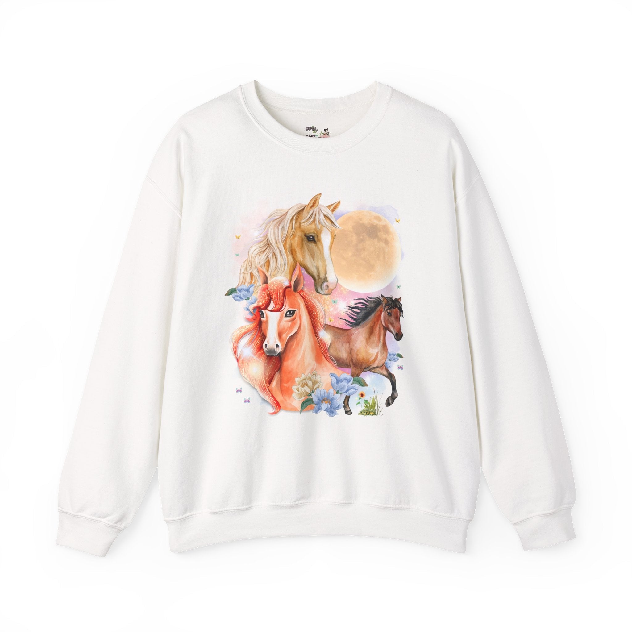Horse Animal Lover Sweatshirt with Butterflies and Flowers: Retro Goblincore Crewneck with Moon, Silly 90s Throwback Equestrian Shirt, Horse Lover - Opal and June
