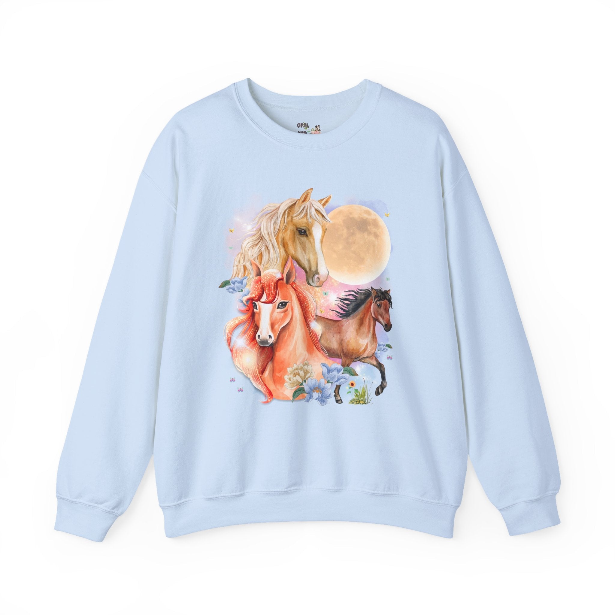 Horse Animal Lover Sweatshirt with Butterflies and Flowers: Retro Goblincore Crewneck with Moon, Silly 90s Throwback Equestrian Shirt, Horse Lover - Opal and June