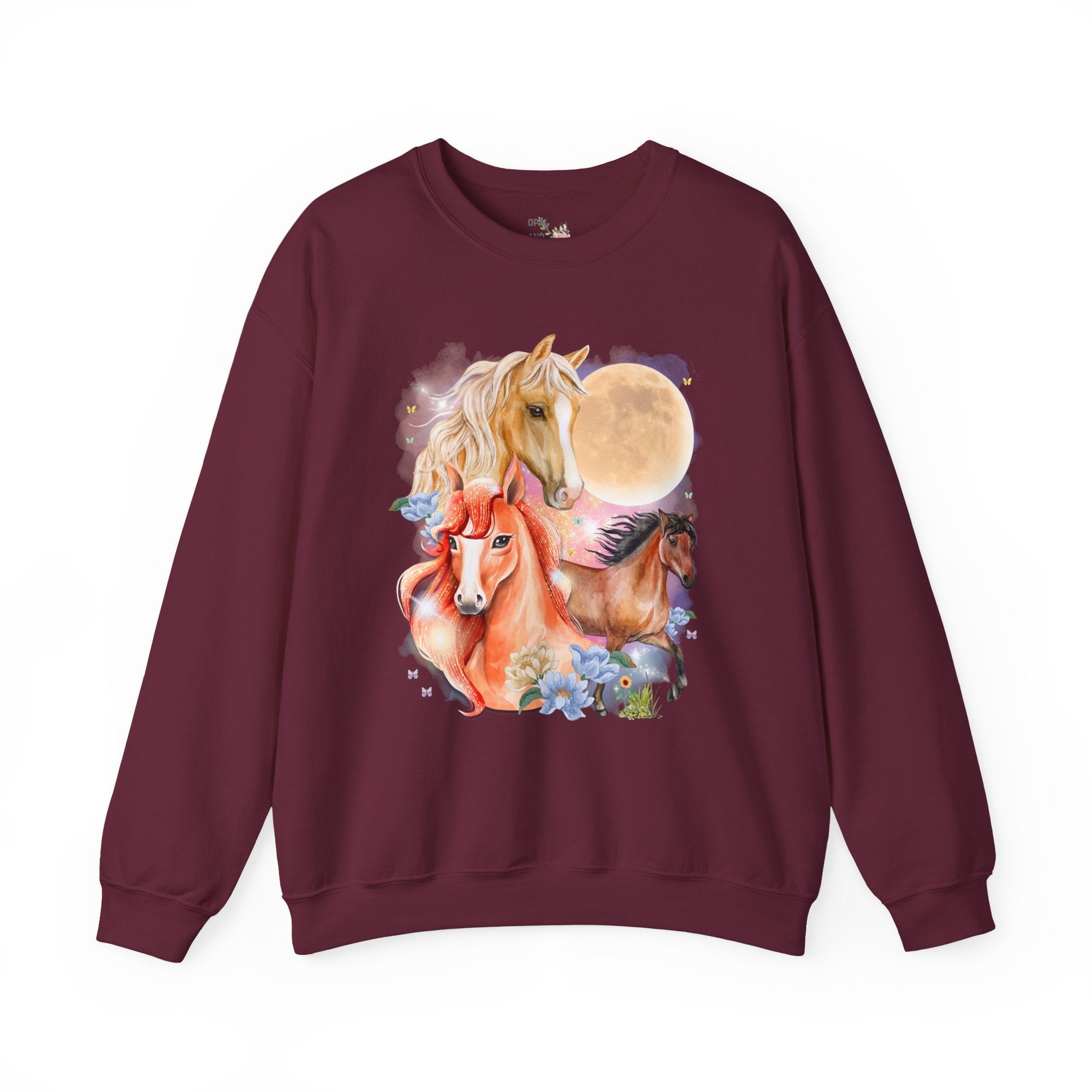 Horse Animal Lover Sweatshirt with Butterflies and Flowers: Retro Goblincore Crewneck with Moon, Silly 90s Throwback Equestrian Shirt, Horse Lover - Opal and June