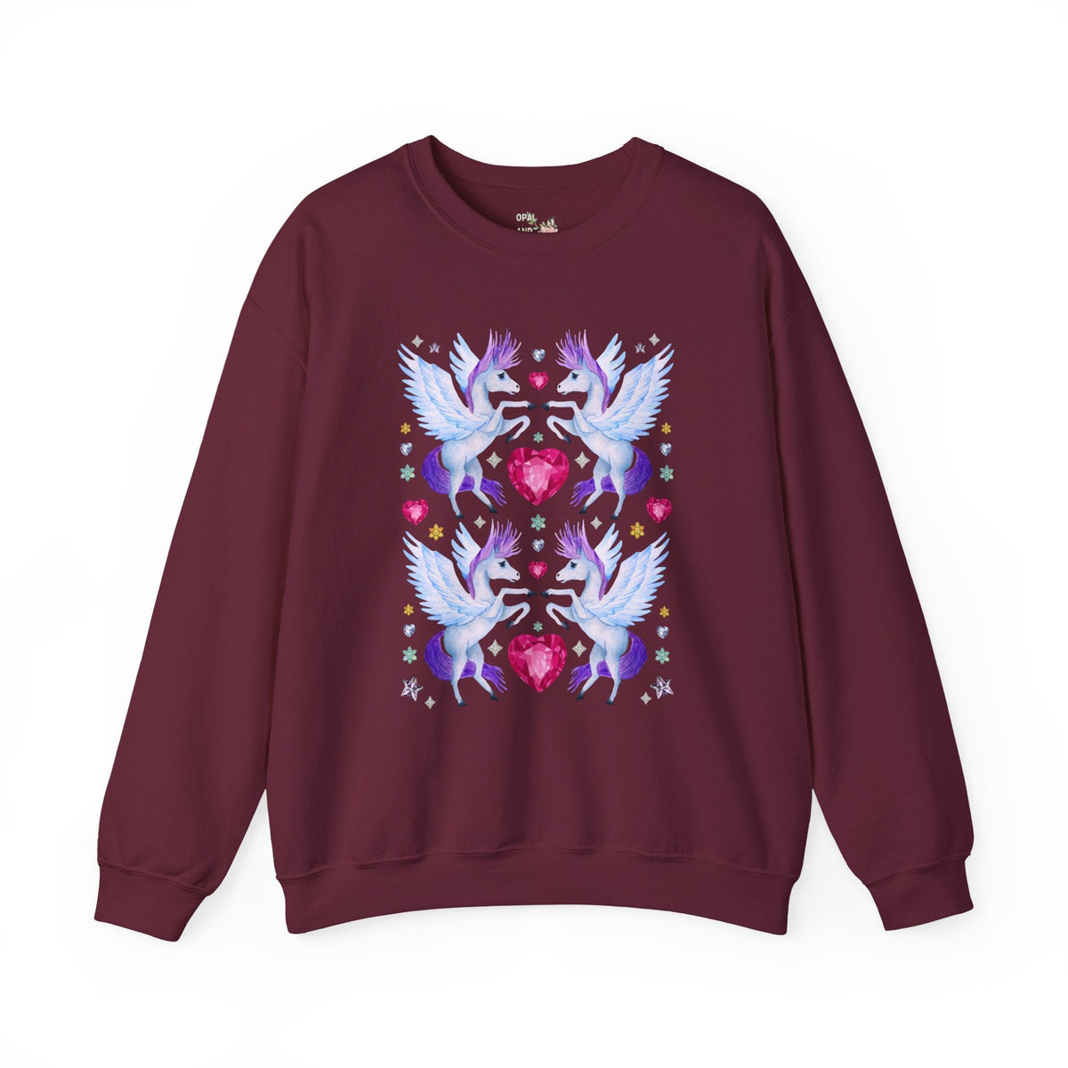 Horse Lover Nostalgic Blue and Purple Pegasus Sweatshirt with Hearts: Cute and Silly Y2K Aesthetic Animal Lover Crewneck for Fantasy Reader Bookworm - Opal and June