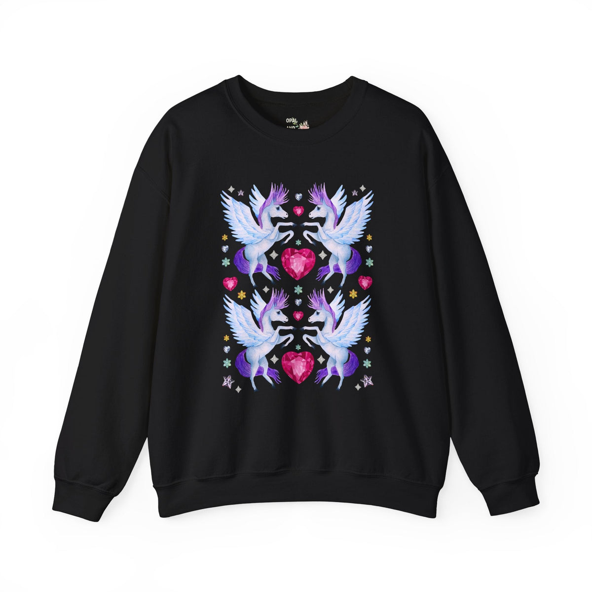 Horse Lover Nostalgic Blue and Purple Pegasus Sweatshirt with Hearts: Cute and Silly Y2K Aesthetic Animal Lover Crewneck for Fantasy Reader Bookworm - Opal and June