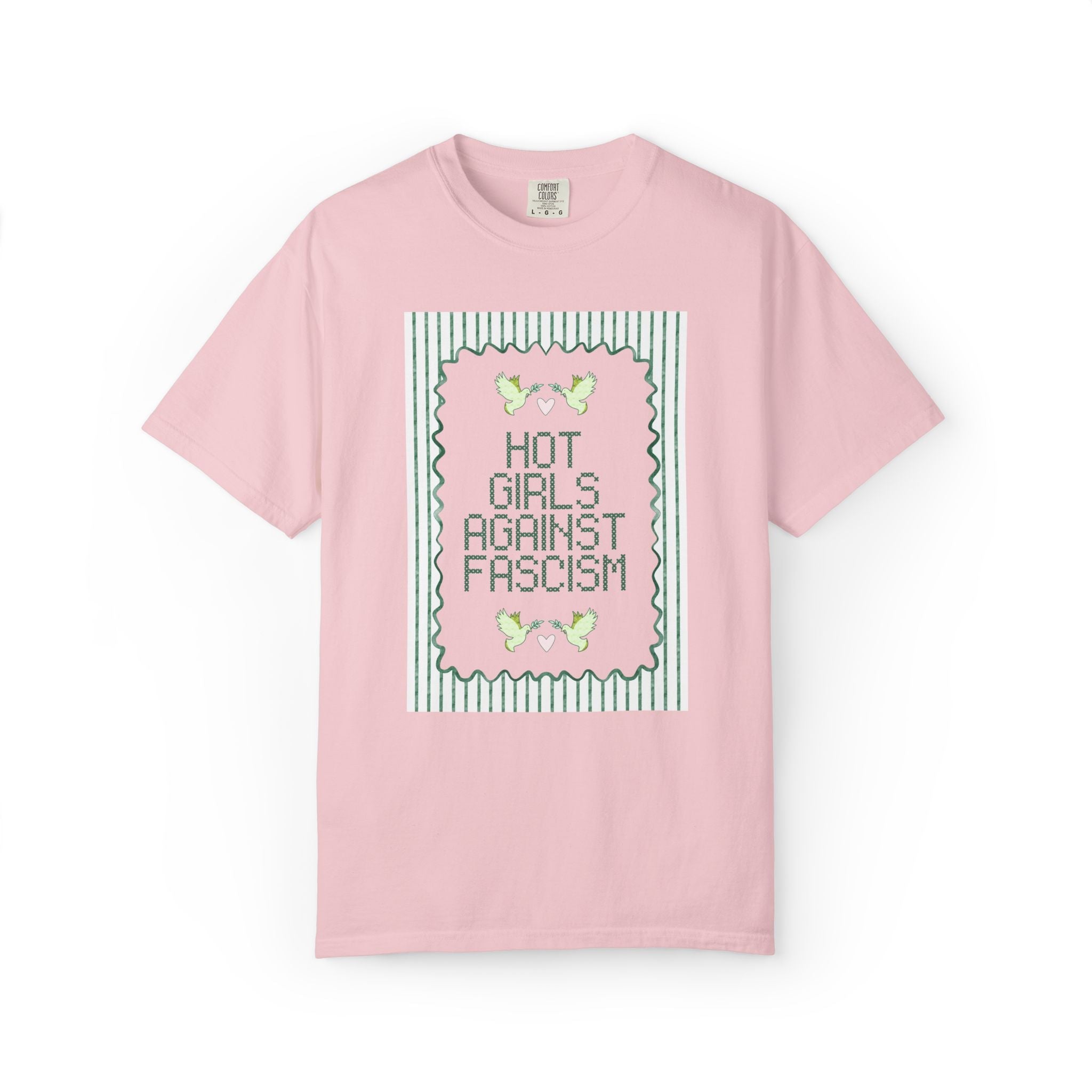 Hot Girls Against Fascism: Cute Women's Rights T-Shirt with Watercolor Doves, Soft Girl Style Subtle Democratic Socialist Tee, Human Rights - Opal and June