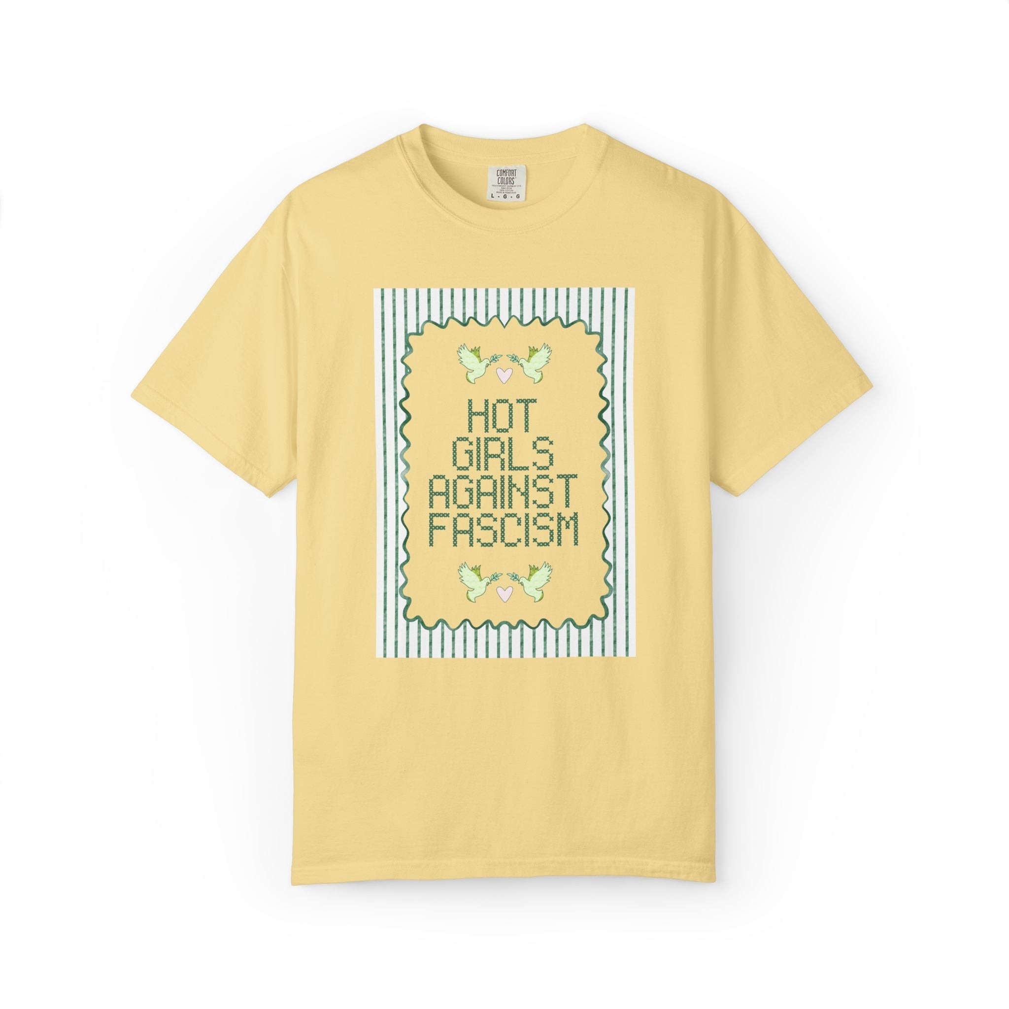 Hot Girls Against Fascism: Cute Women's Rights T-Shirt with Watercolor Doves, Soft Girl Style Subtle Democratic Socialist Tee, Human Rights - Opal and June