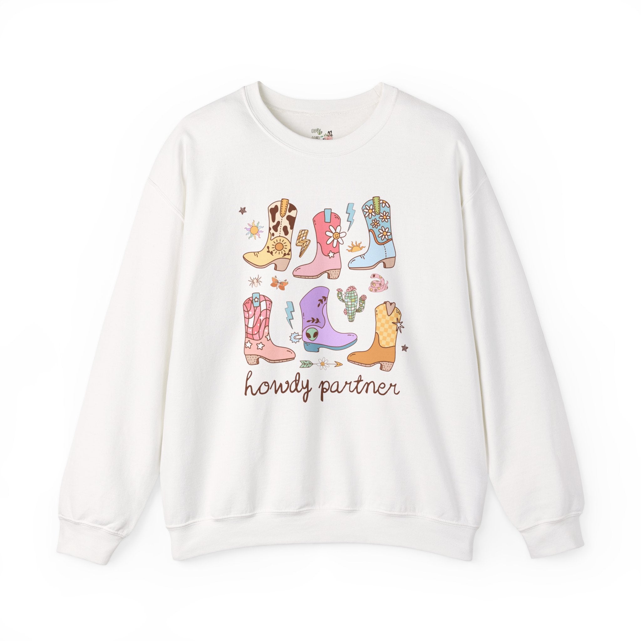 Howdy Partner UFO Cowboy Sweatshirt, Cowboy Boots and Stars, Colorful and Cute Maximalist Alien Shirt with Groovy Western Vibe for Summer - Opal and June