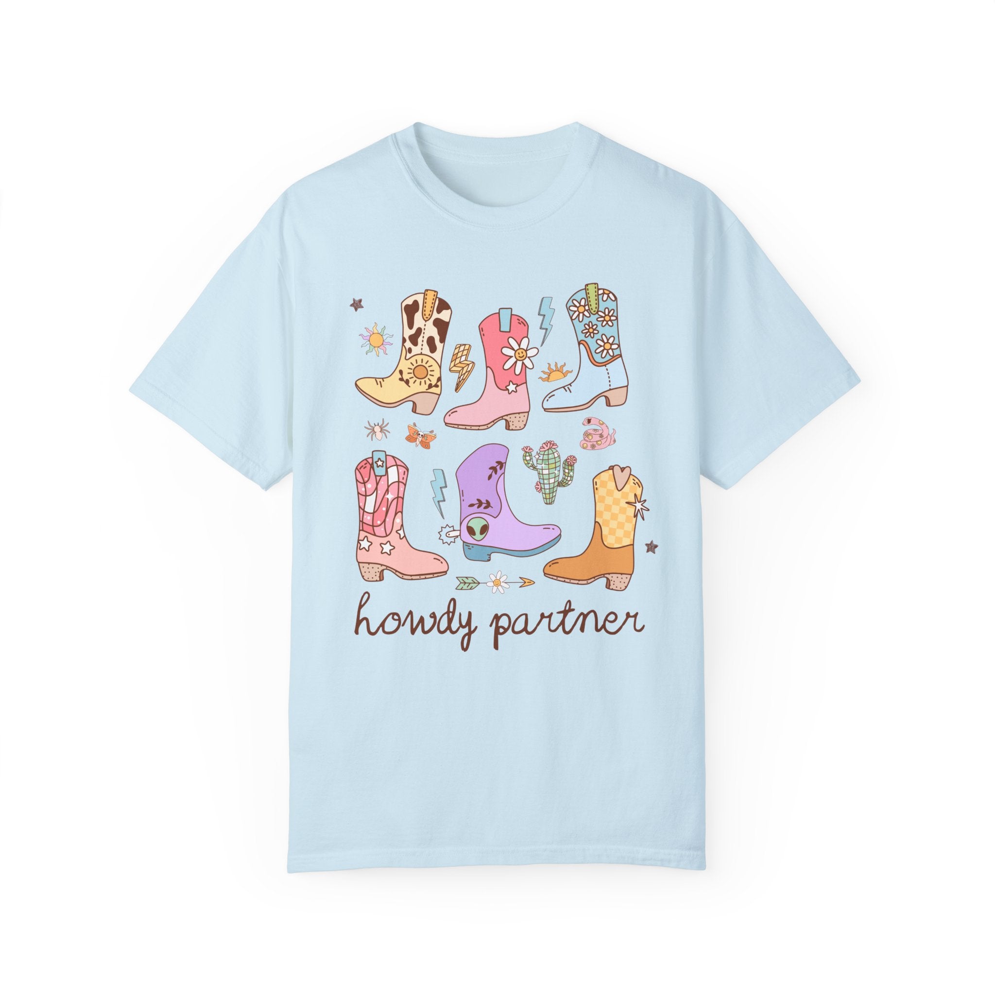 Howdy Partner UFO Cowboy Tee Shirt with Cowboy Boots and Stars, Colorful and Cute Maximalist Alien Tee with Groovy Western Vibe for Summer - Opal and June