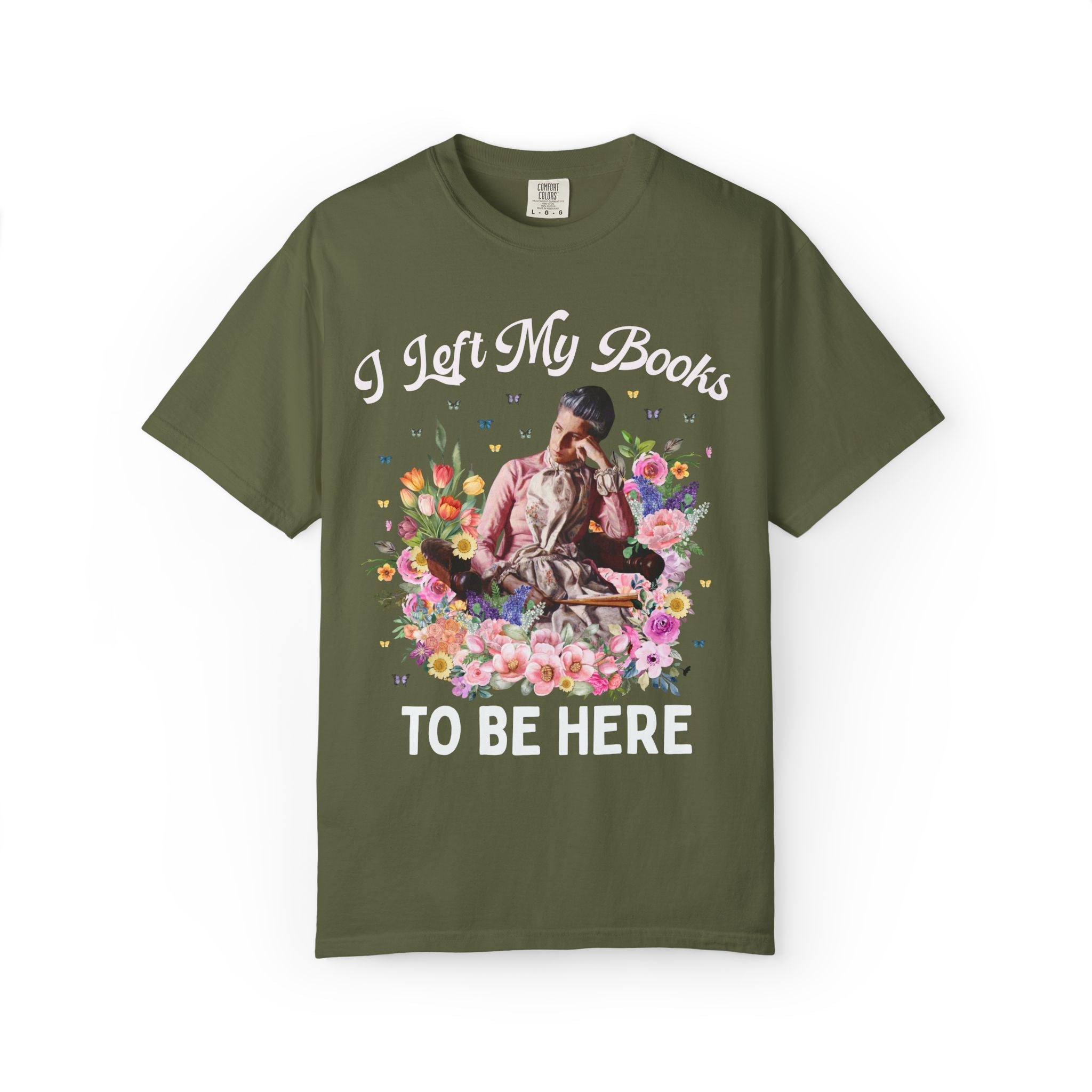 I Left My Books to Be Here: Funny Bookish Art History Tee, Painting by Thomas Eakins, American Realism Art History T-Shirt with Flowers - Opal and June