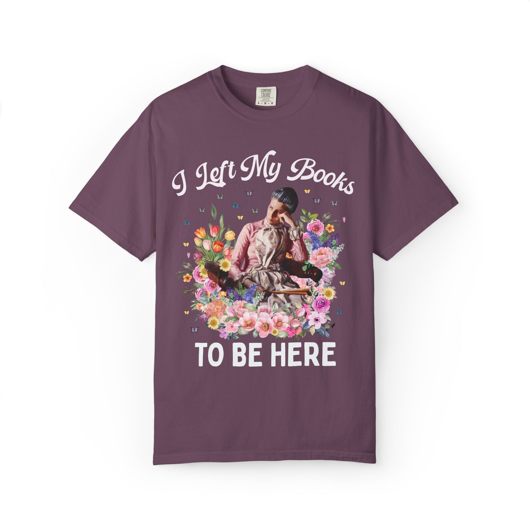 I Left My Books to Be Here: Funny Bookish Art History Tee, Painting by Thomas Eakins, American Realism Art History T-Shirt with Flowers - Opal and June