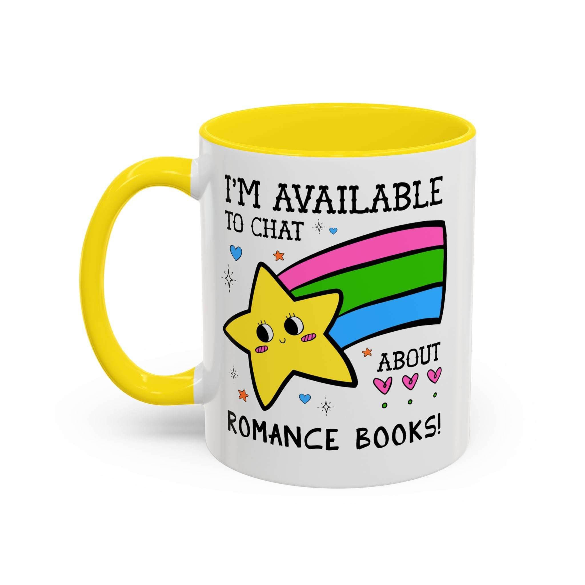 I'm Available to Chat About Romance Books Coffee Mug: Funny Saying Book Lover Gift Idea for Bookworm Who Loves Romance Novels, 11 Oz Mug - Opal and June