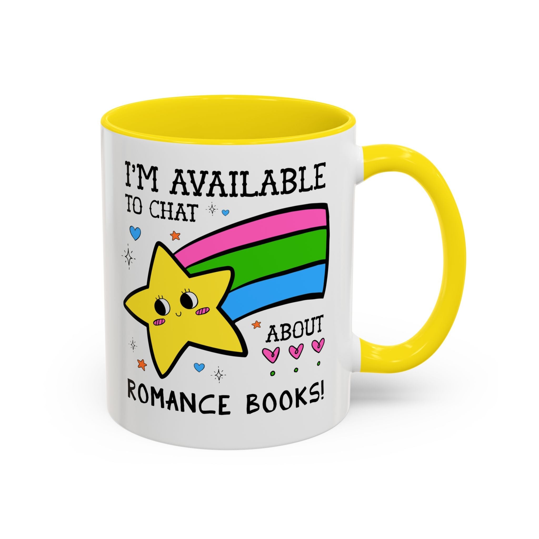 I'm Available to Chat About Romance Books Coffee Mug: Funny Saying Book Lover Gift Idea for Bookworm Who Loves Romance Novels, 11 Oz Mug - Opal and June