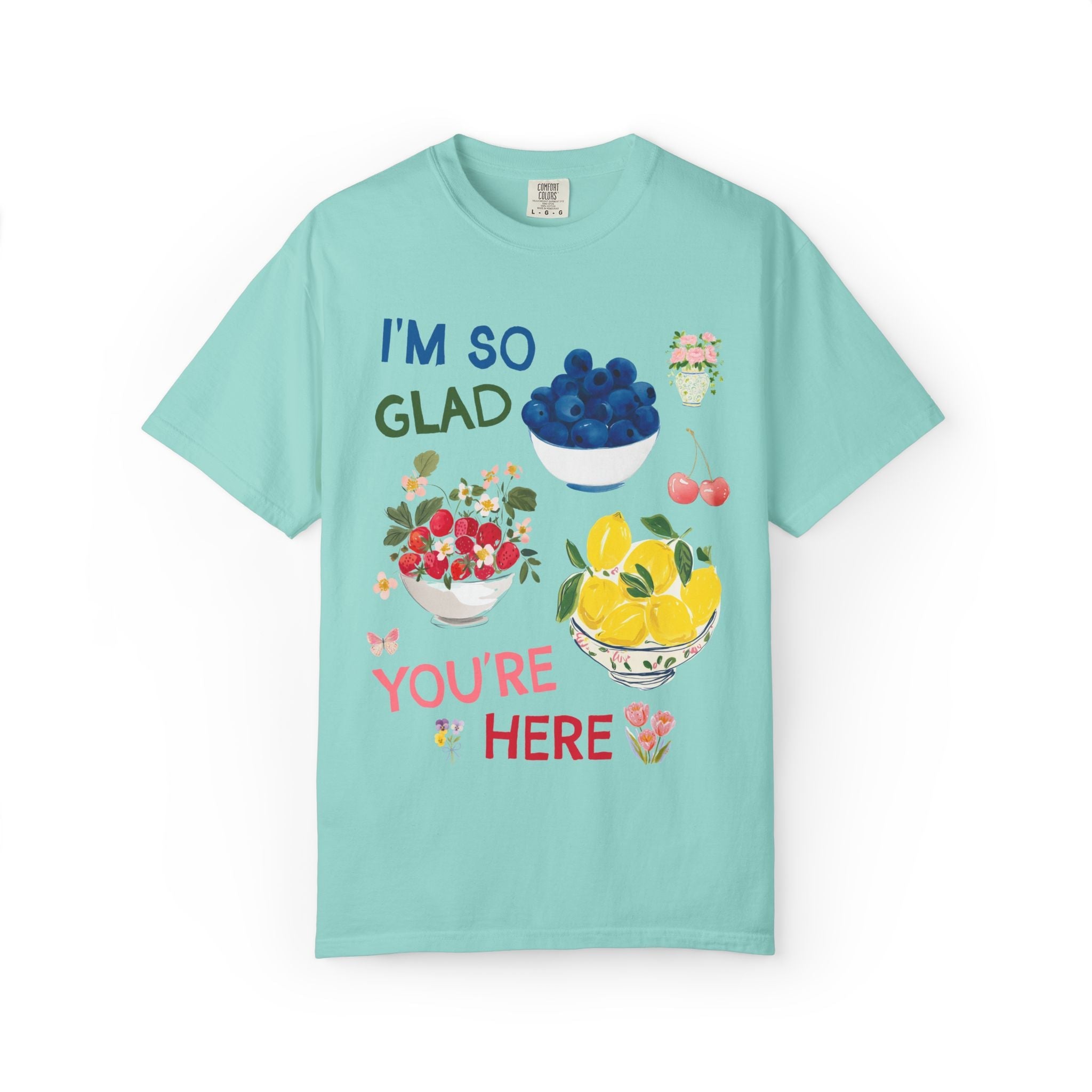 I'm So Glad You're Here Back to School Teacher T-Shirt with Strawberries Lemons and Blueberry Fruit, Whimsical Teacher Tee for First Day - Opal and June