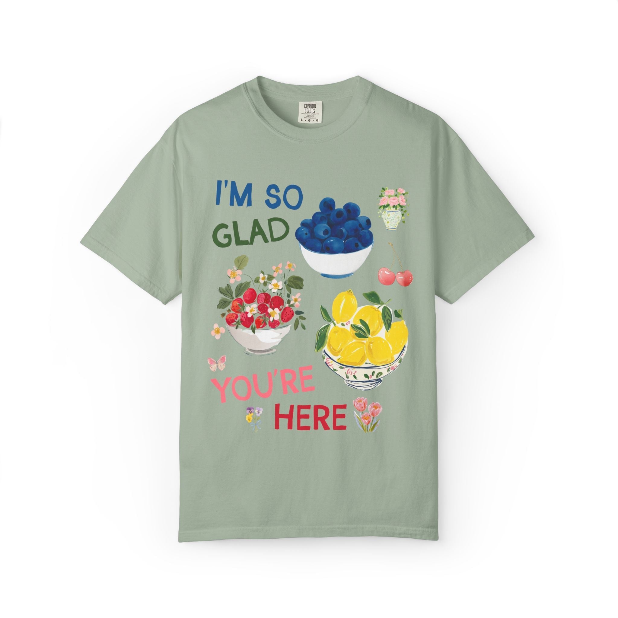 I'm So Glad You're Here Back to School Teacher T-Shirt with Strawberries Lemons and Blueberry Fruit, Whimsical Teacher Tee for First Day - Opal and June