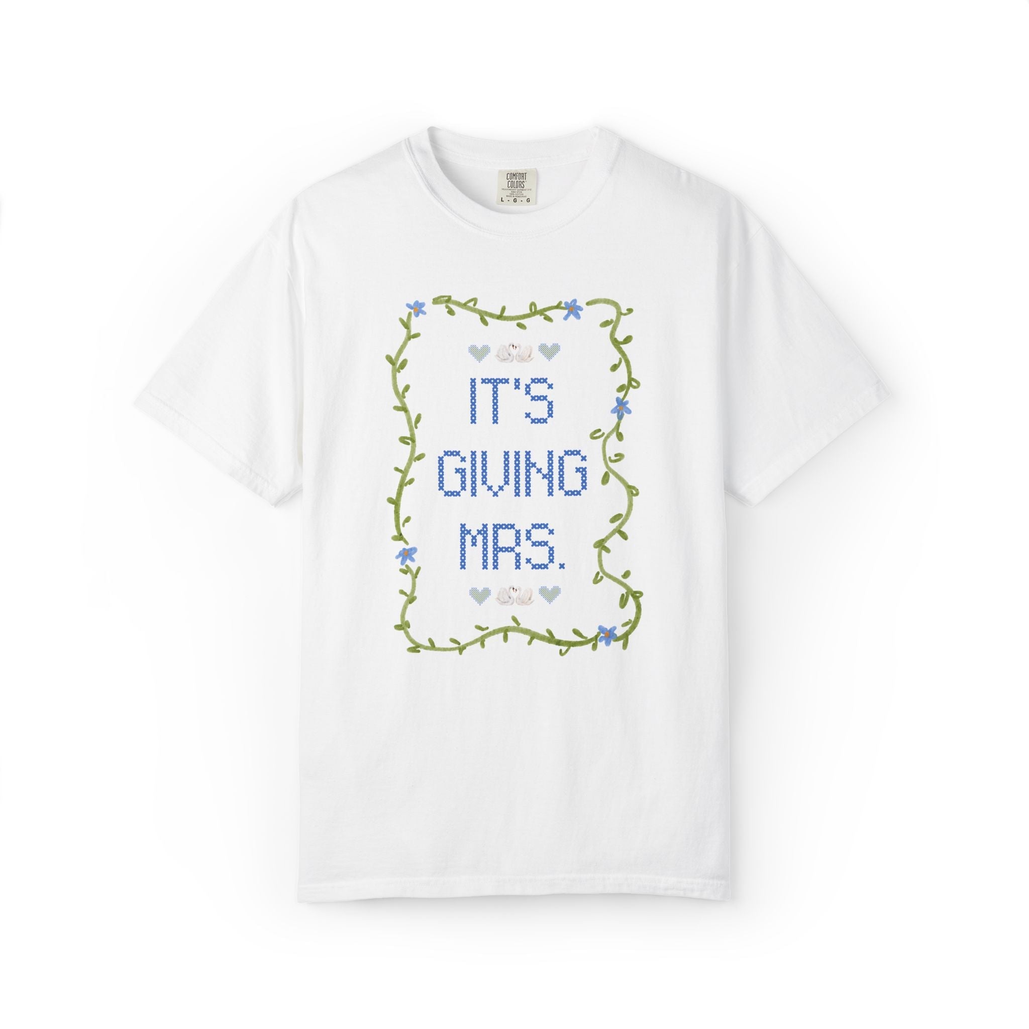 It's Giving Mrs. Bridal and Matching Bachelorette Tee Shirt with Swans and Flowers: Cute and Nostalgic Bachelorette Party Bridesmaid Tee - Opal and June