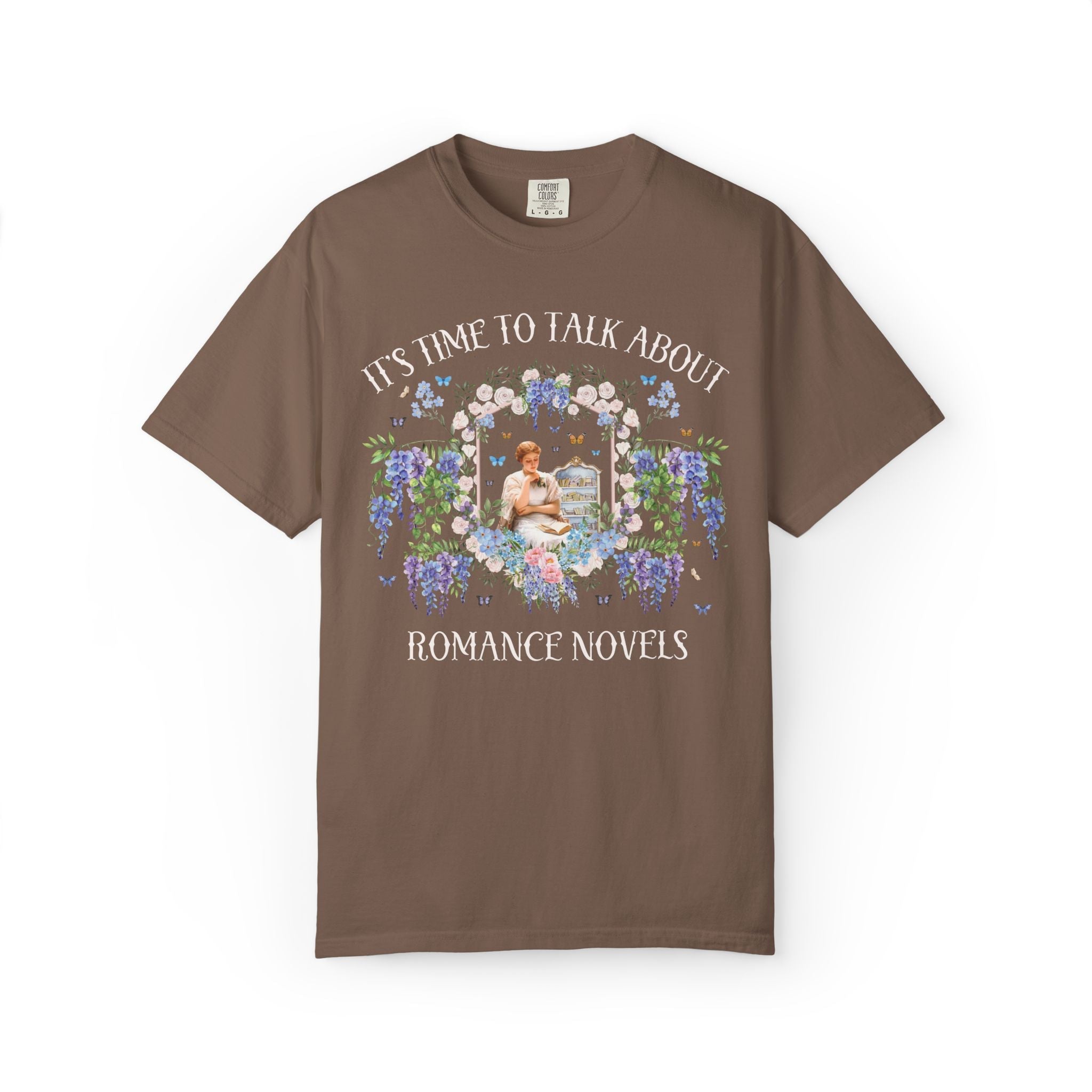 It's Time to Talk About Romance Novels Tee Shirt with Flowers: Cute and Colorful Book Lover T-Shirt for Bookworm, Floral Romance Reader Gift - Opal and June