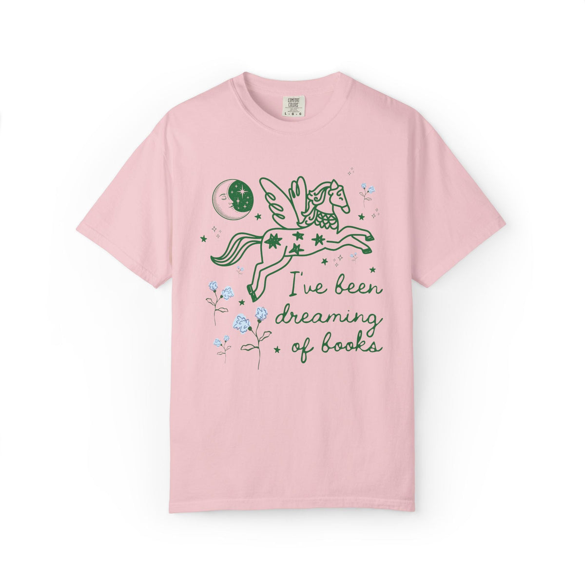 I've Been Dreaming of Books Bookish T-Shirt with Whimsy Kitschy Pegasus and Flowers, Sweet Goblincore Book Lover Tee Shirt for Bookworm - Opal and June