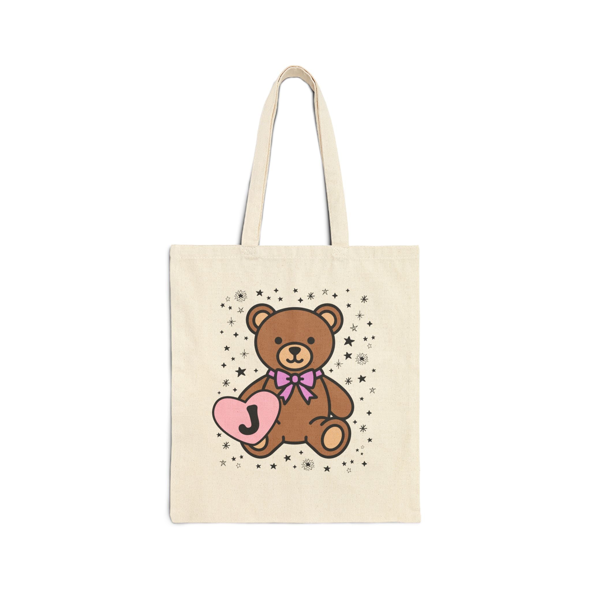 J: Bear Holding a Heart Tote Bag with Initial - Opal and June