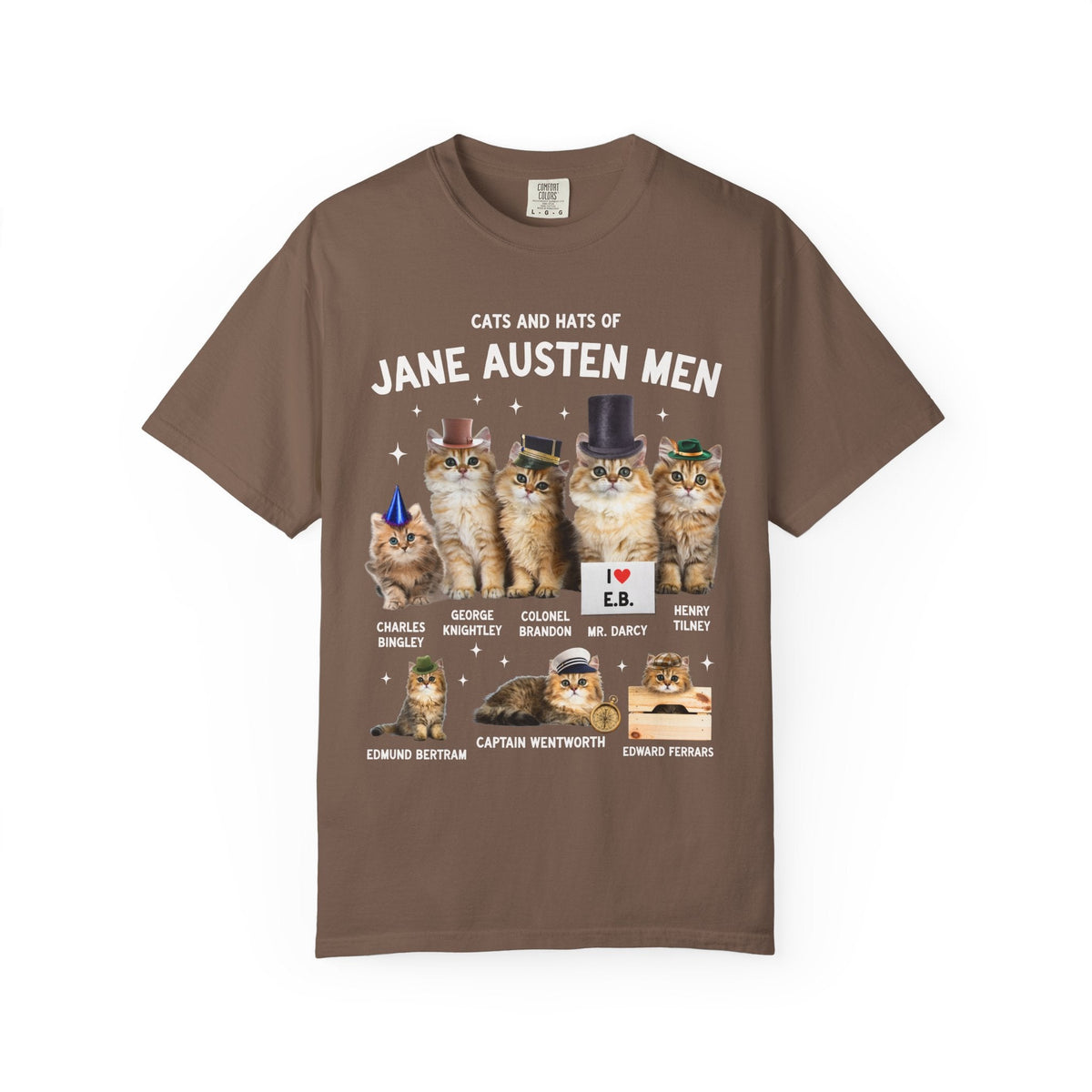 Jane Austen Cat Lover Tee Shirt: Cats and Hats of Jane Austen Men, Funny Classic Literature T-Shirt for Bookworm, 1800s Romance Reader - Opal and June