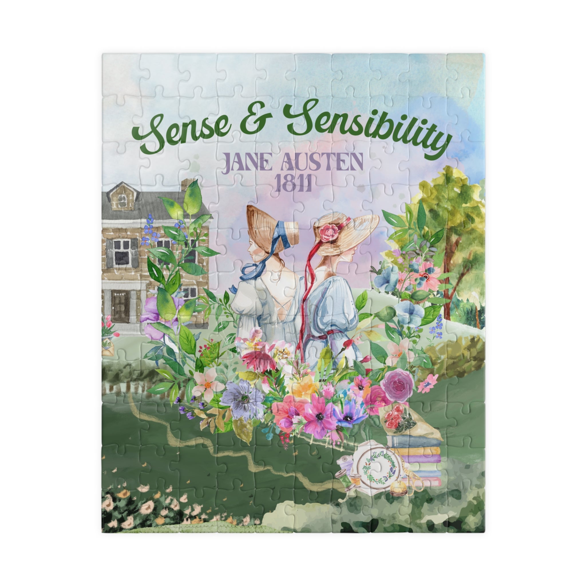 Jane Austen Gift for Friend: Sense and Sensibility Puzzle with Pastel Sunset | Colorful Maximalist Puzzle for Book Lover or Romance Reader - Opal and June