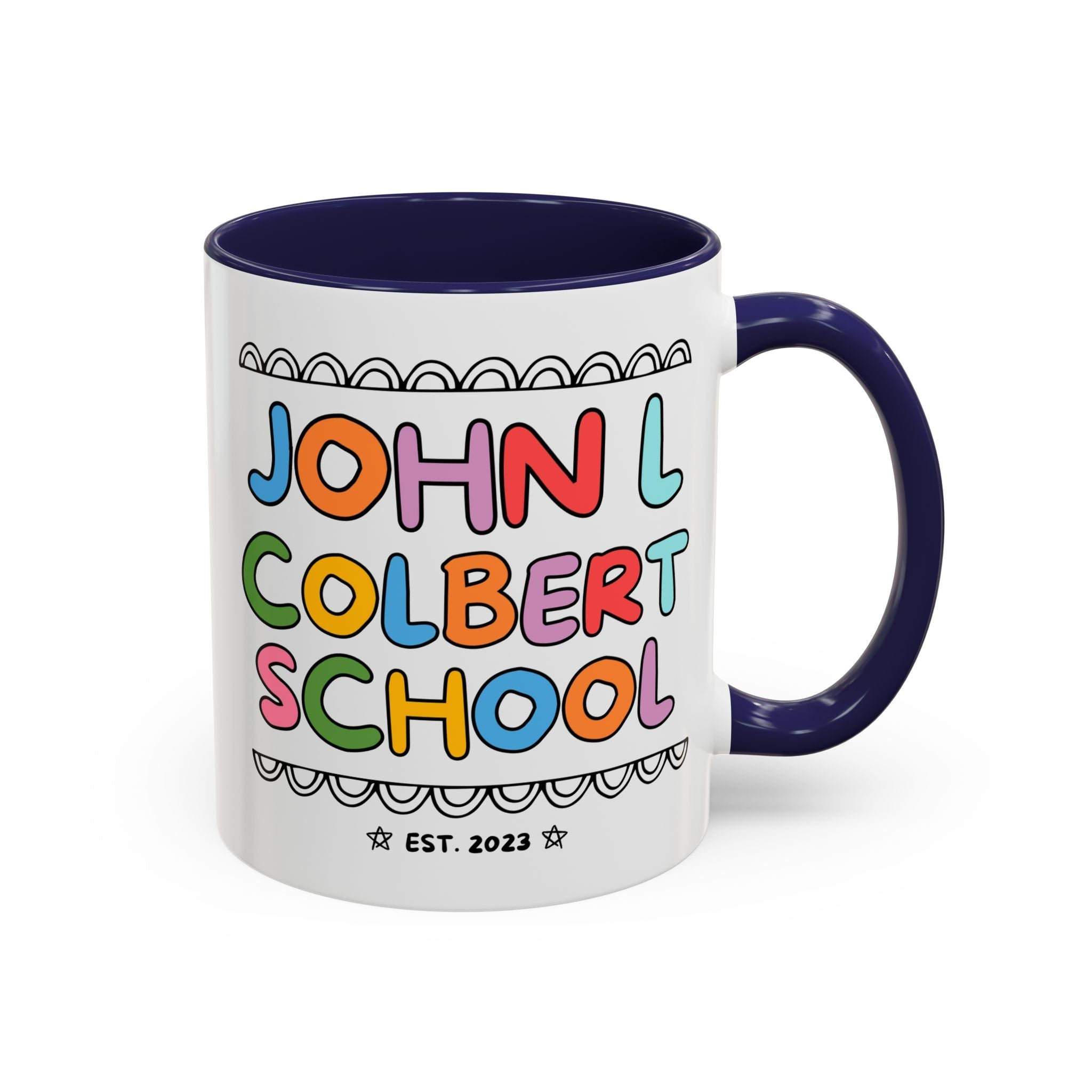 John L Colbert School 11 Oz Coffee Mug: Rainbow Letters | FPS + Opal and June Coffee Mug, Fayetteville Public Schools - Opal and June