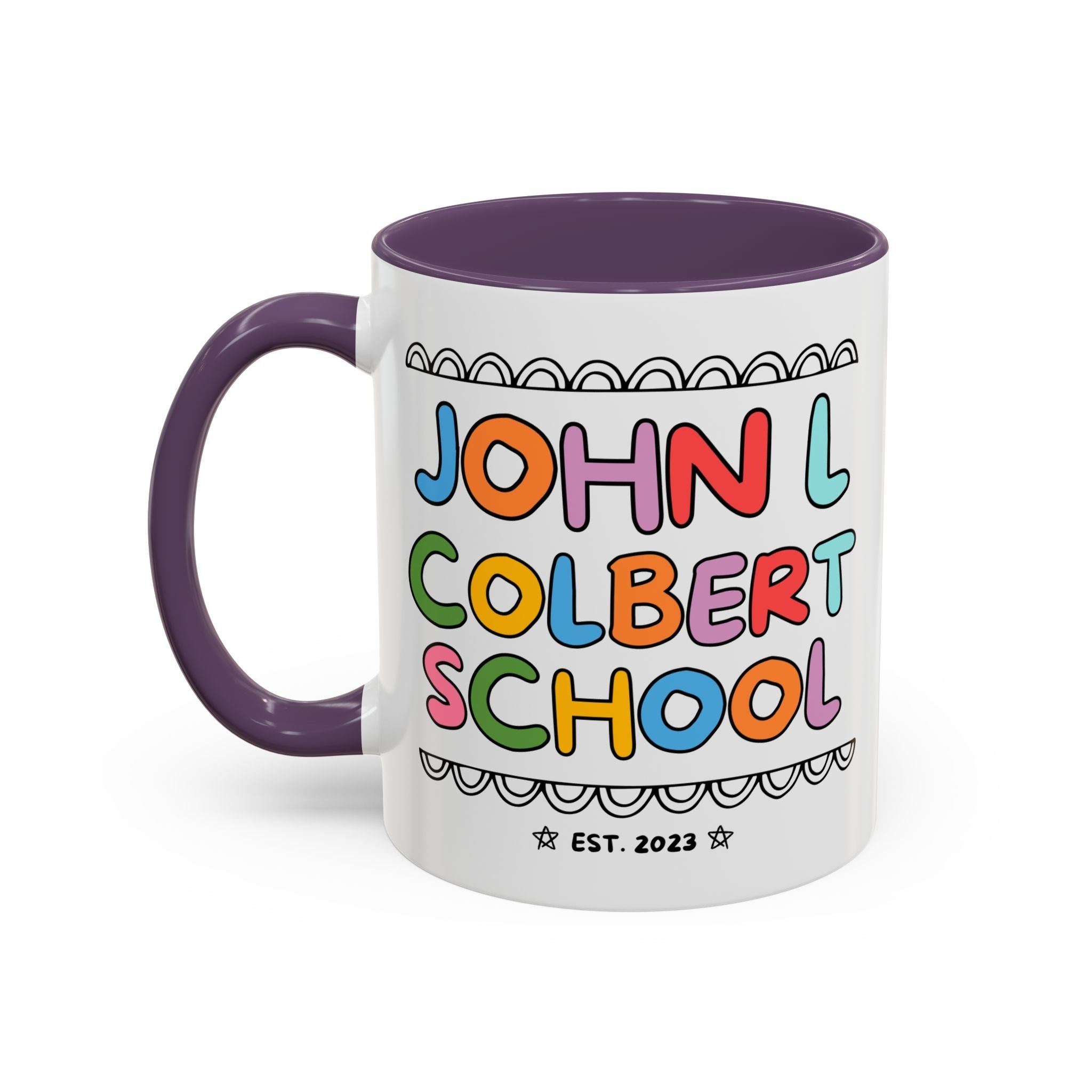 John L Colbert School 11 Oz Coffee Mug: Rainbow Letters | FPS + Opal and June Coffee Mug, Fayetteville Public Schools - Opal and June