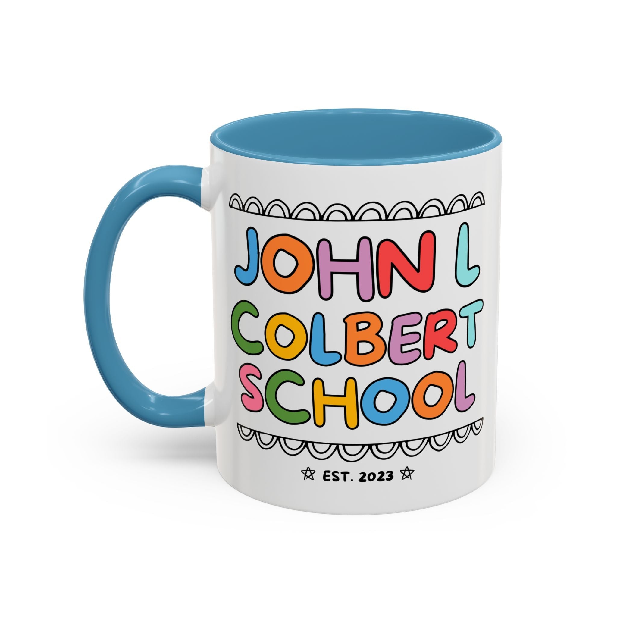 John L Colbert School 11 Oz Coffee Mug: Rainbow Letters | FPS + Opal and June Coffee Mug, Fayetteville Public Schools - Opal and June