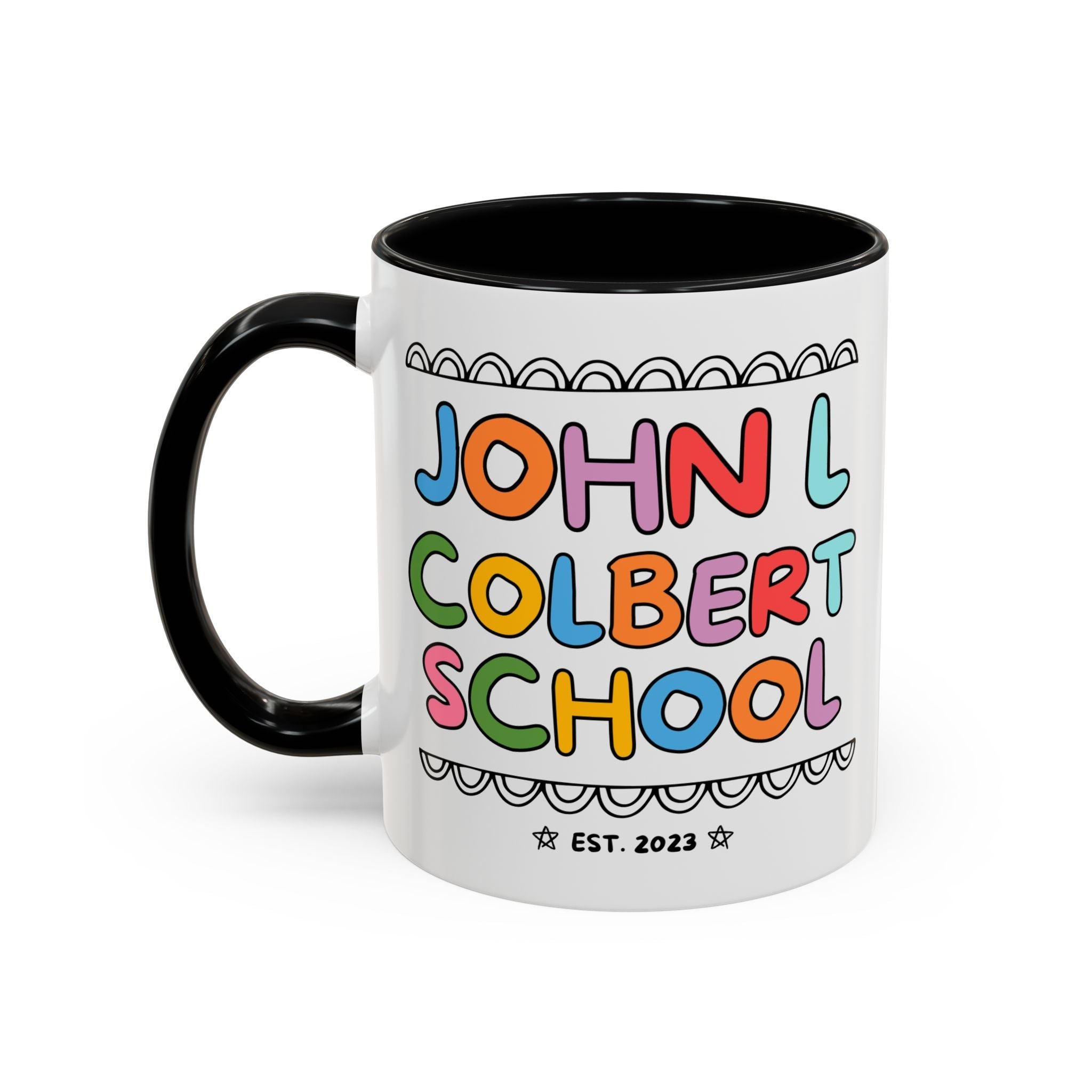 John L Colbert School 11 Oz Coffee Mug: Rainbow Letters | FPS + Opal and June Coffee Mug, Fayetteville Public Schools - Opal and June