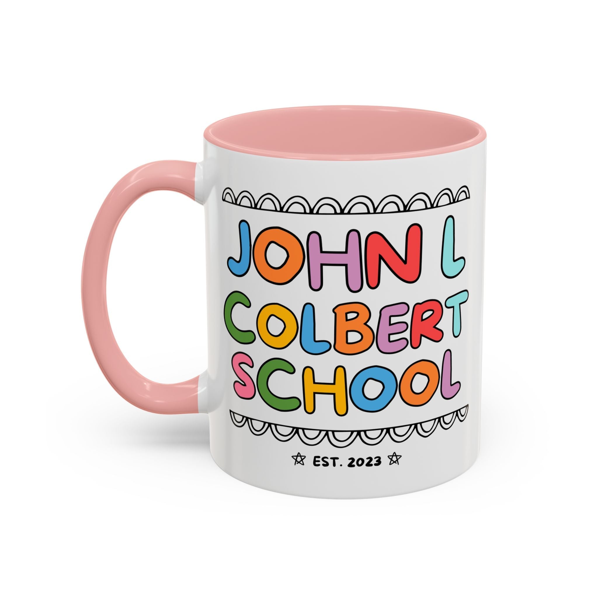 John L Colbert School 11 Oz Coffee Mug: Rainbow Letters | FPS + Opal and June Coffee Mug, Fayetteville Public Schools - Opal and June