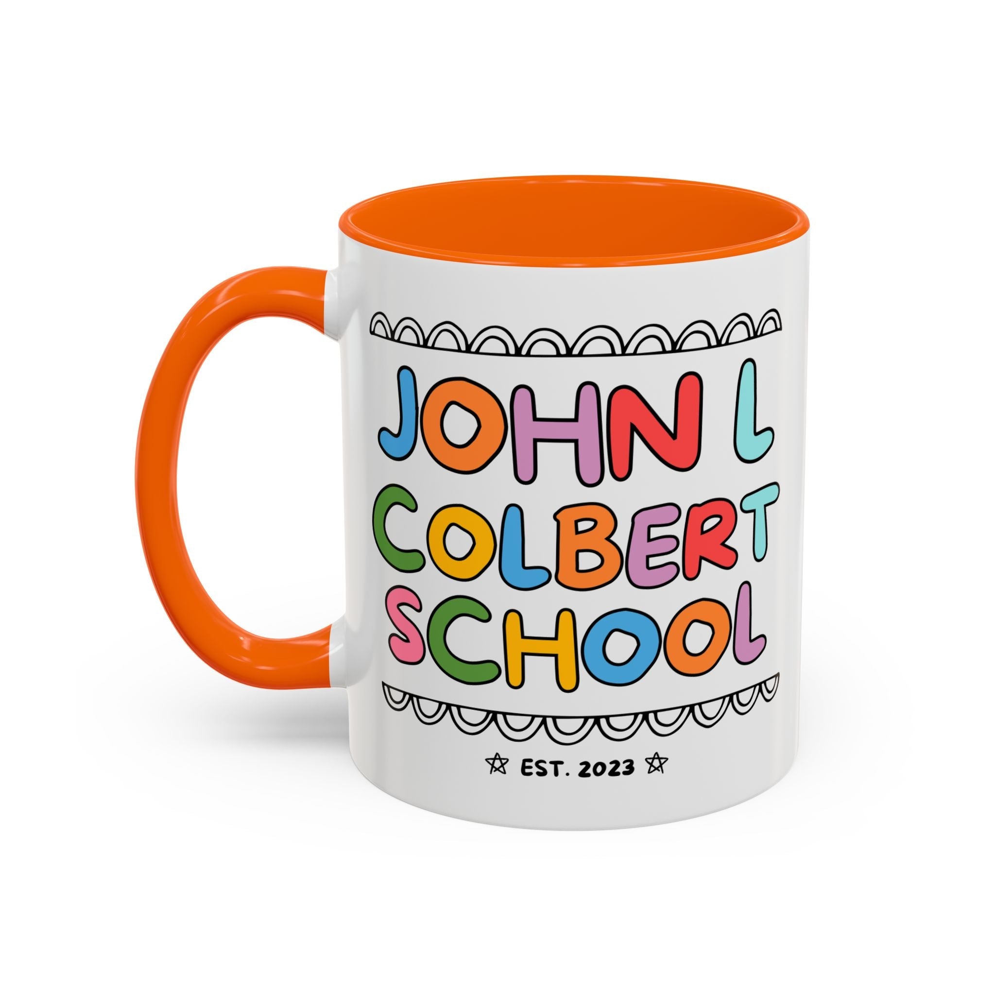 John L Colbert School 11 Oz Coffee Mug: Rainbow Letters | FPS + Opal and June Coffee Mug, Fayetteville Public Schools - Opal and June