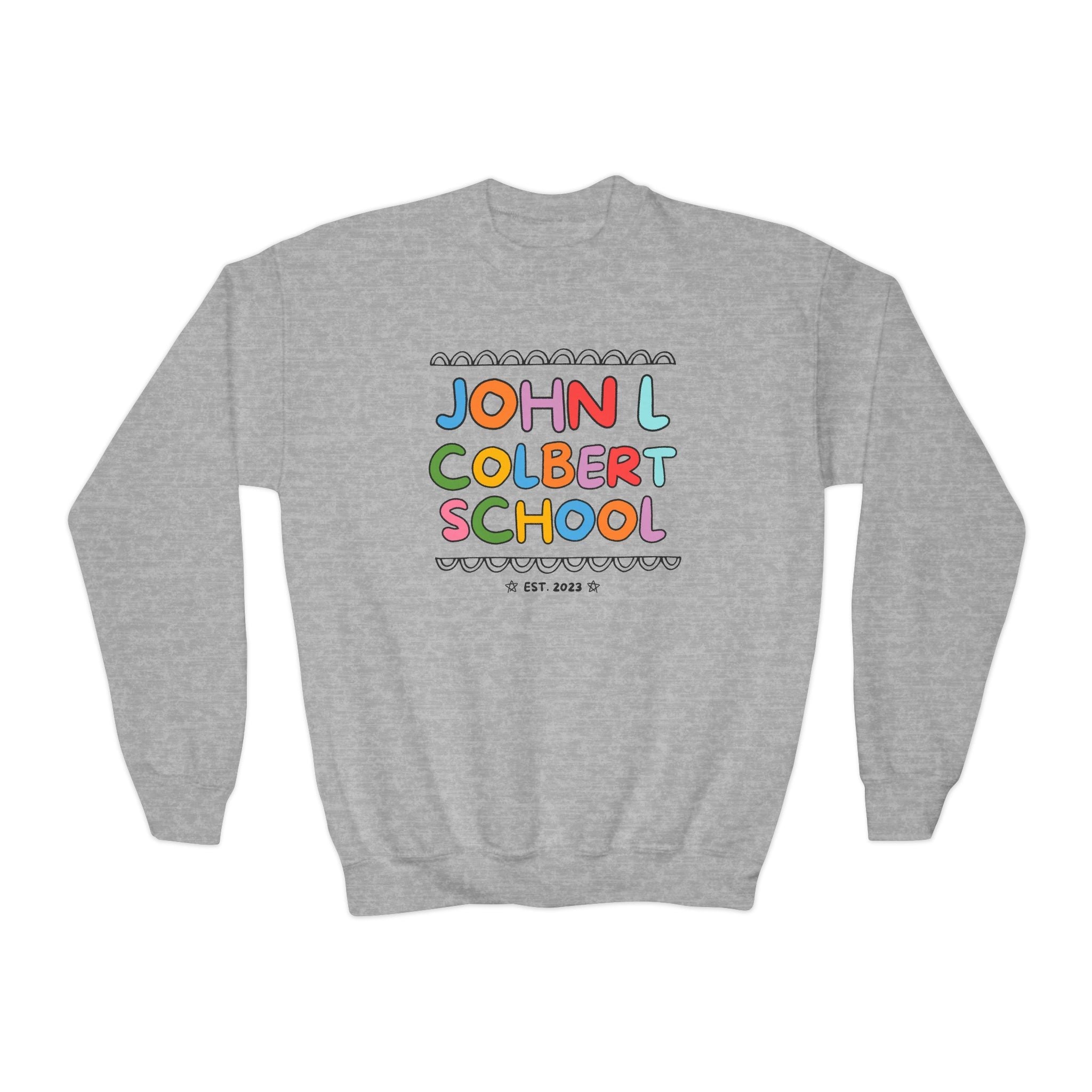 John L Colbert School Kids Sweatshirt: Rainbow Letters | FPS + Opal and June Kids Sweatshirt, Fayetteville Public Schools - Opal and June