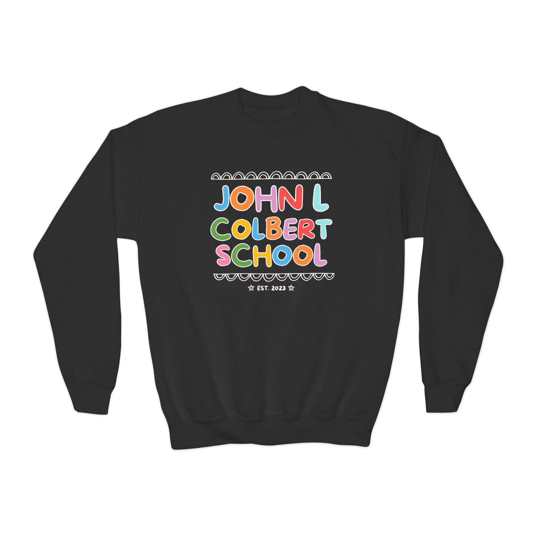 John L Colbert School Kids Sweatshirt: Rainbow Letters | FPS + Opal and June Kids Sweatshirt, Fayetteville Public Schools - Opal and June