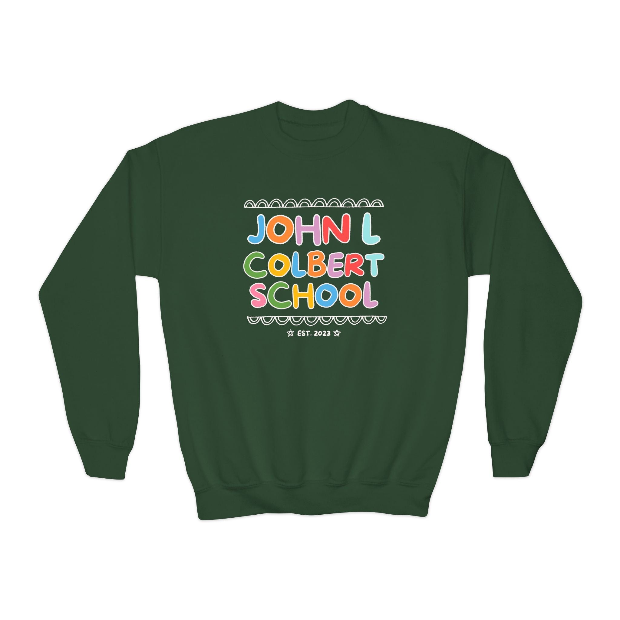 John L Colbert School Kids Sweatshirt: Rainbow Letters | FPS + Opal and June Kids Sweatshirt, Fayetteville Public Schools - Opal and June