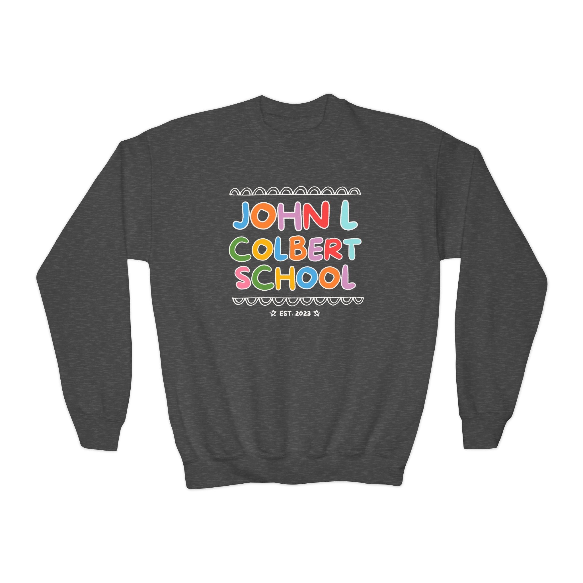 John L Colbert School Kids Sweatshirt: Rainbow Letters | FPS + Opal and June Kids Sweatshirt, Fayetteville Public Schools - Opal and June