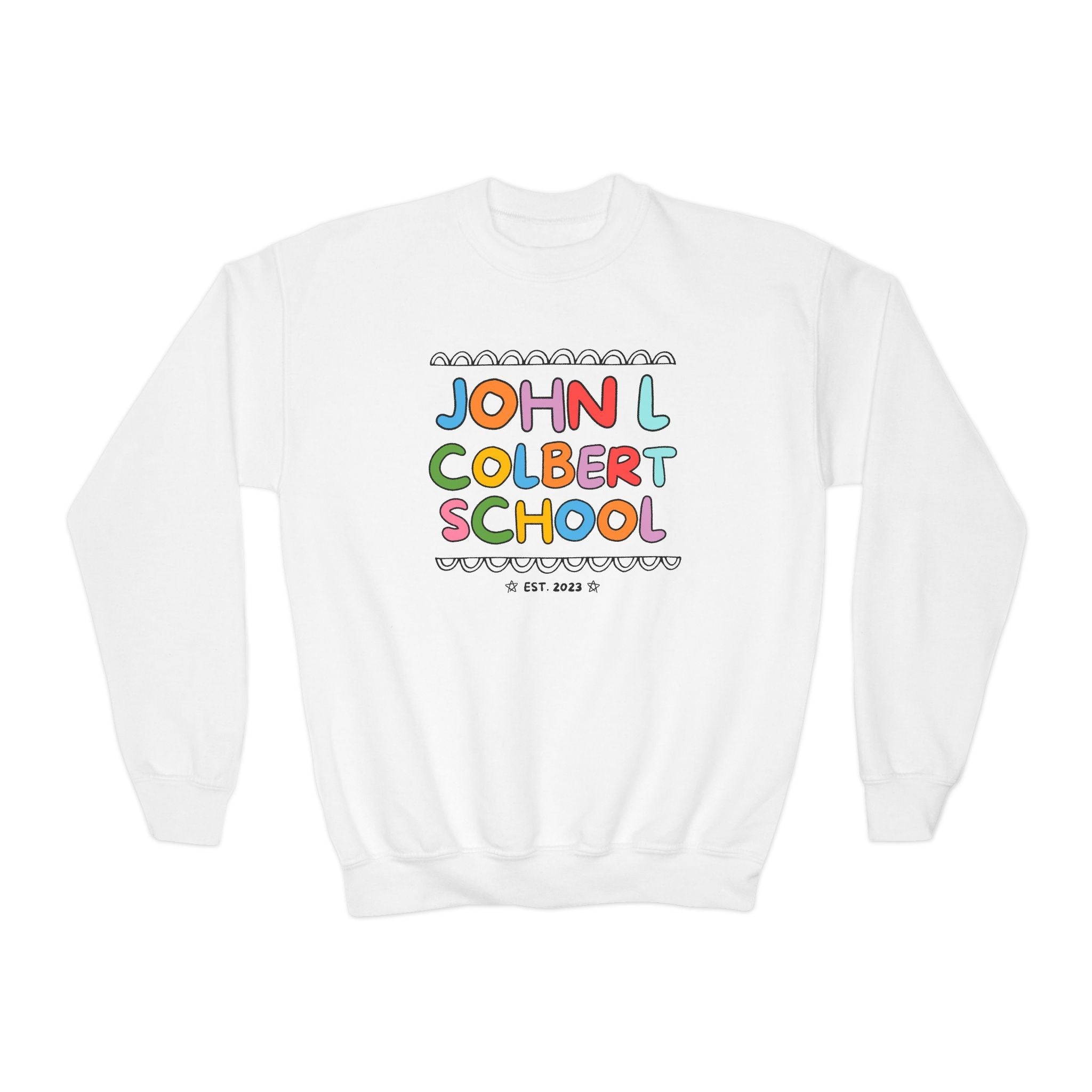 John L Colbert School Kids Sweatshirt: Rainbow Letters | FPS + Opal and June Kids Sweatshirt, Fayetteville Public Schools - Opal and June