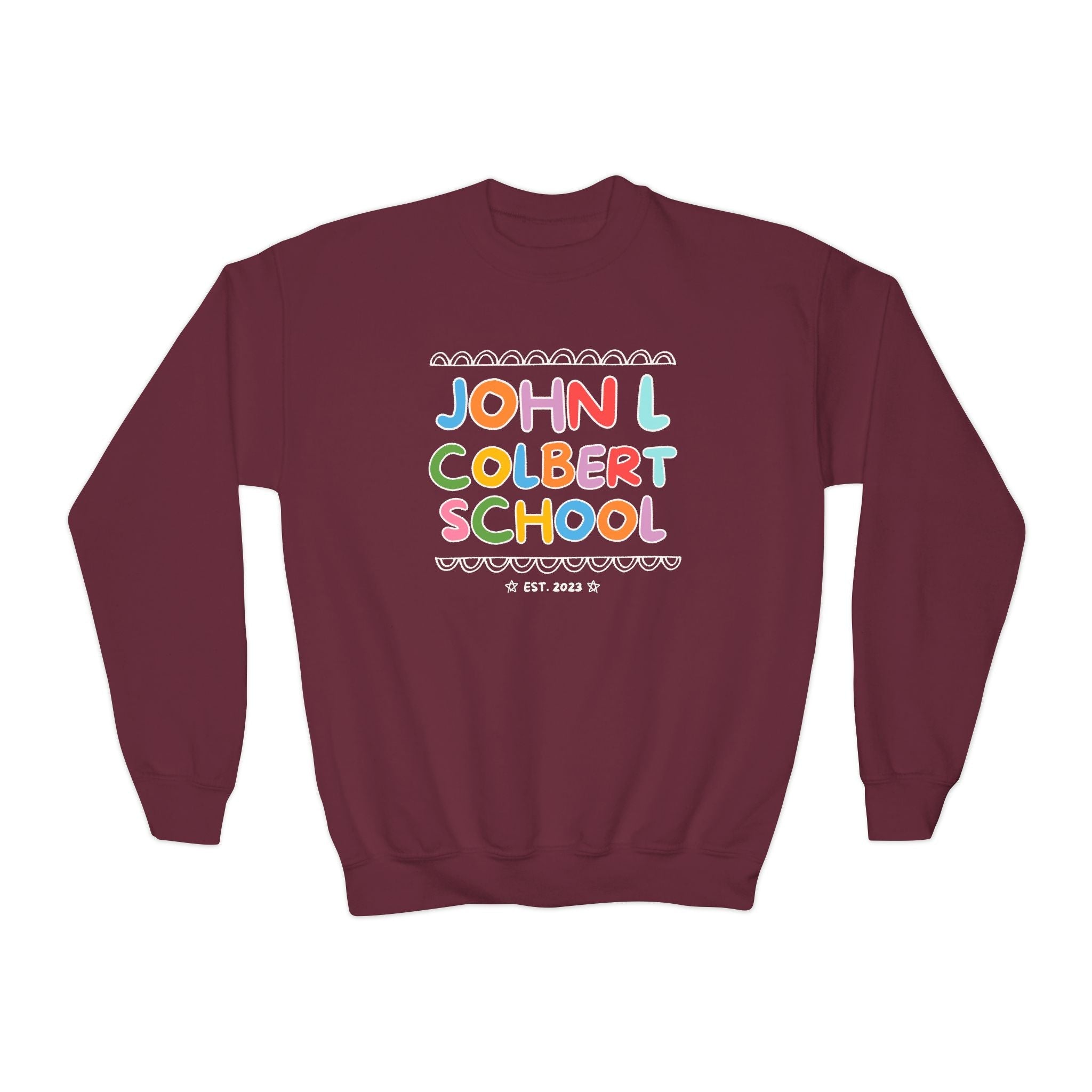John L Colbert School Kids Sweatshirt: Rainbow Letters | FPS + Opal and June Kids Sweatshirt, Fayetteville Public Schools - Opal and June
