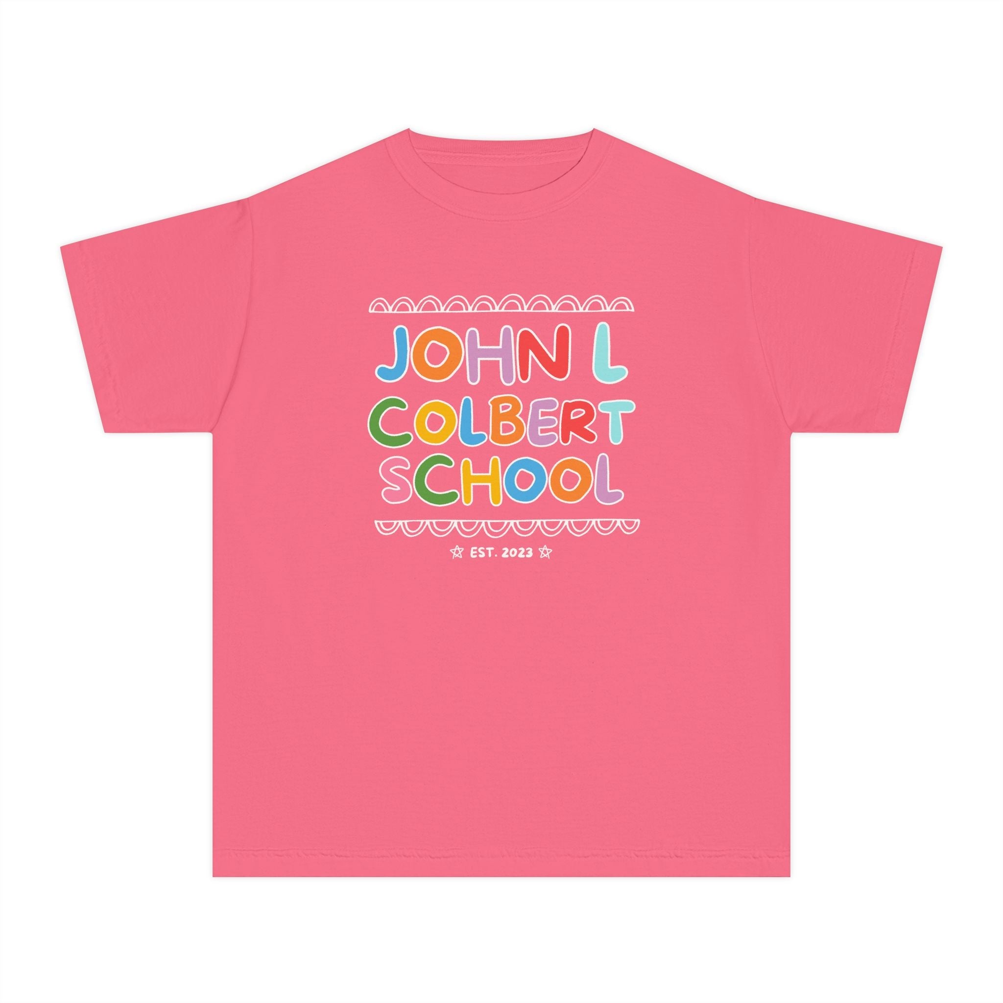 John L Colbert School Kids Tee Shirt: Rainbow Letters | FPS + Opal and June Kids Tee Shirt, Fayetteville Public Schools - Opal and June