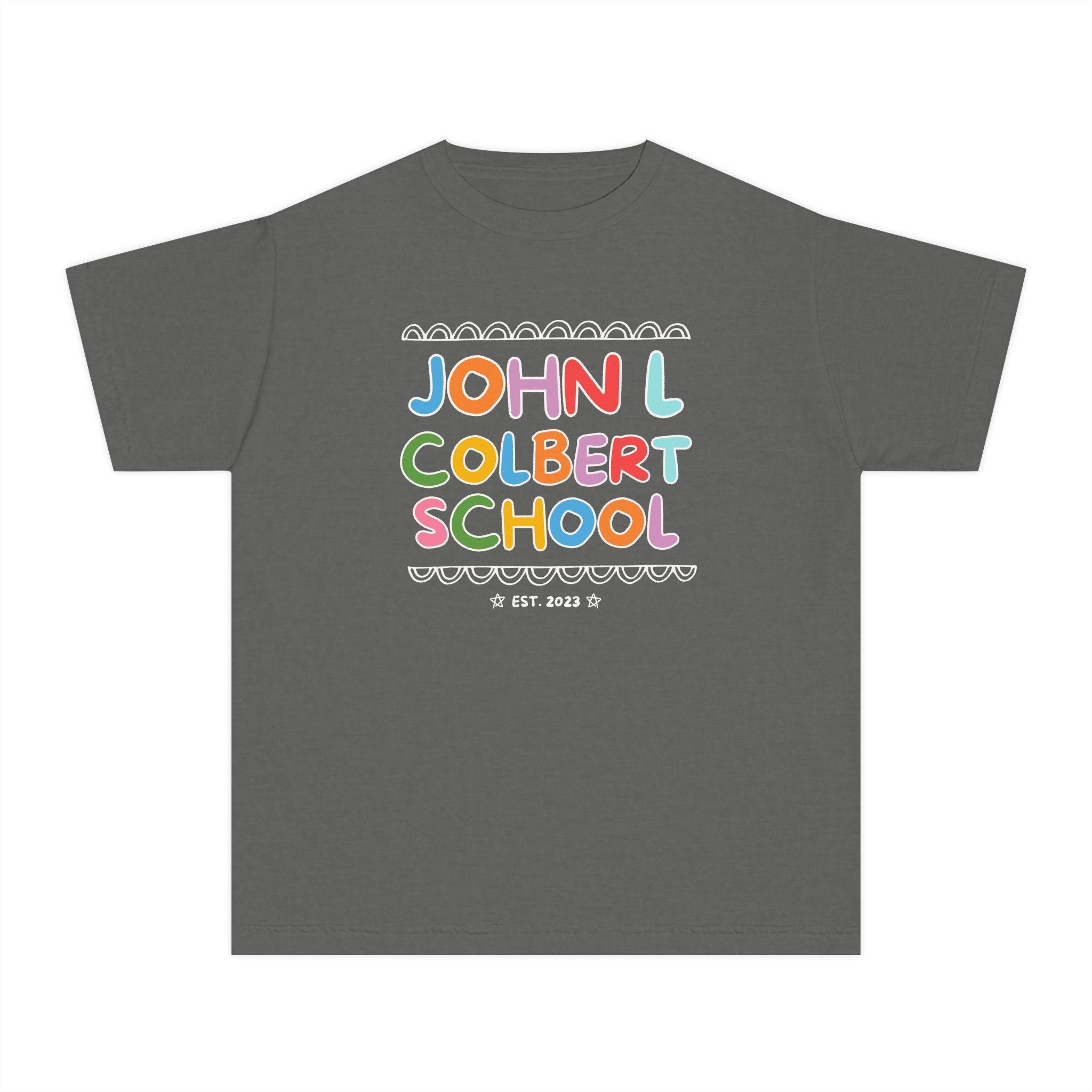 John L Colbert School Kids Tee Shirt: Rainbow Letters | FPS + Opal and June Kids Tee Shirt, Fayetteville Public Schools - Opal and June