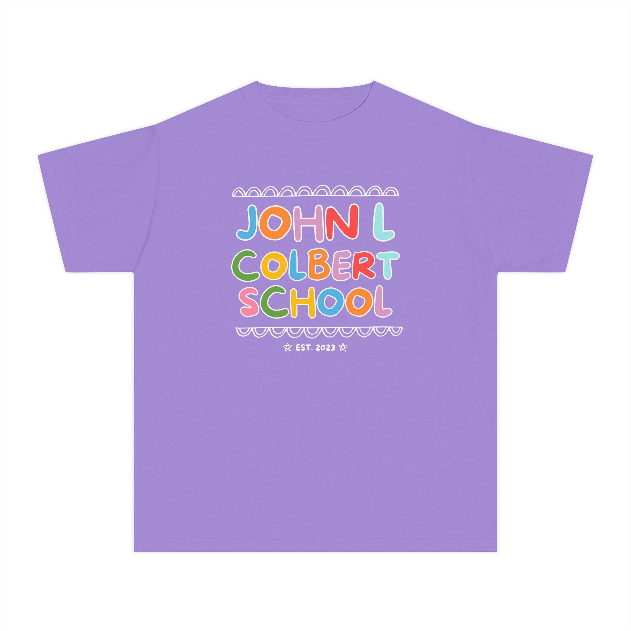 John L Colbert School Kids Tee Shirt: Rainbow Letters | FPS + Opal and June Kids Tee Shirt, Fayetteville Public Schools - Opal and June