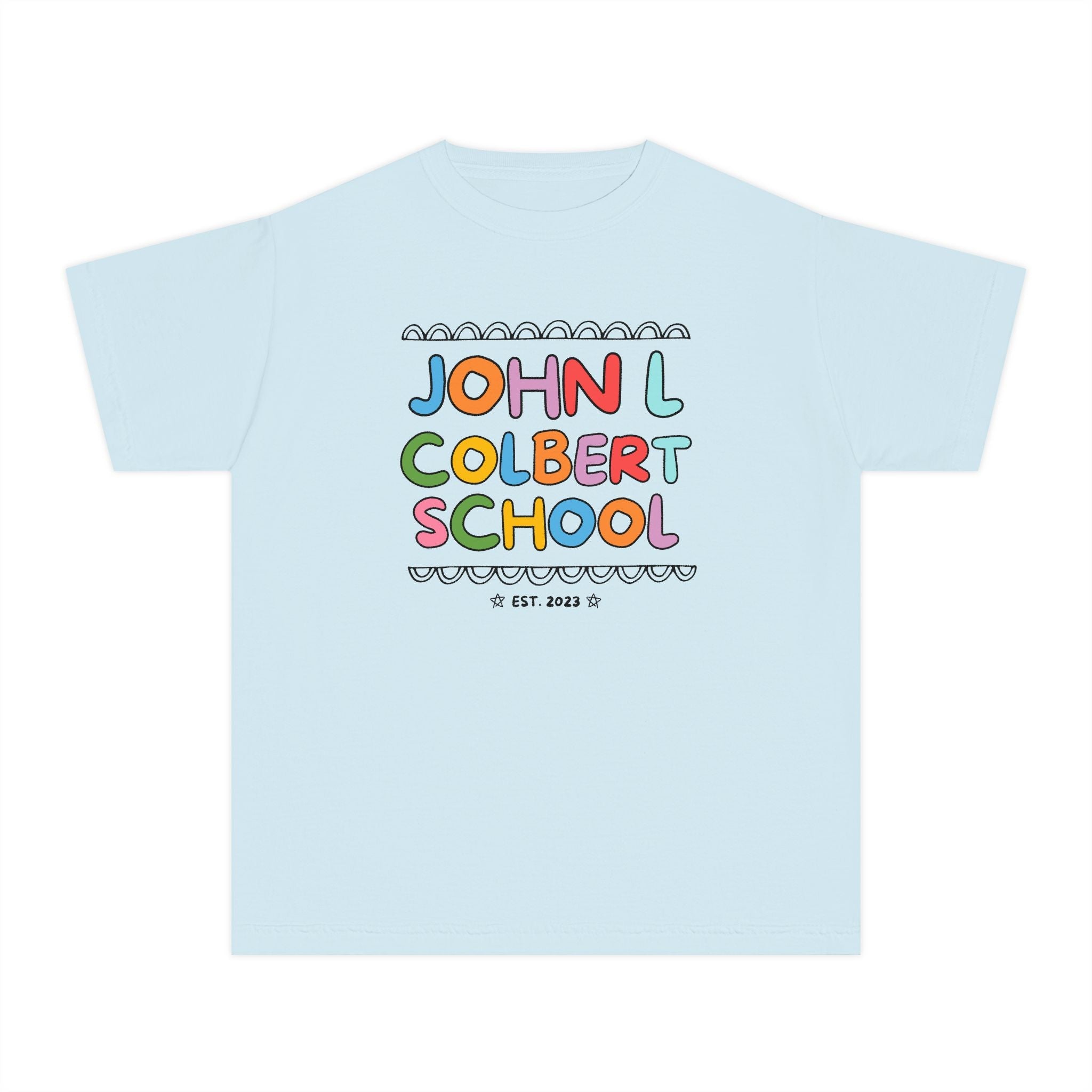 John L Colbert School Kids Tee Shirt: Rainbow Letters | FPS + Opal and June Kids Tee Shirt, Fayetteville Public Schools - Opal and June