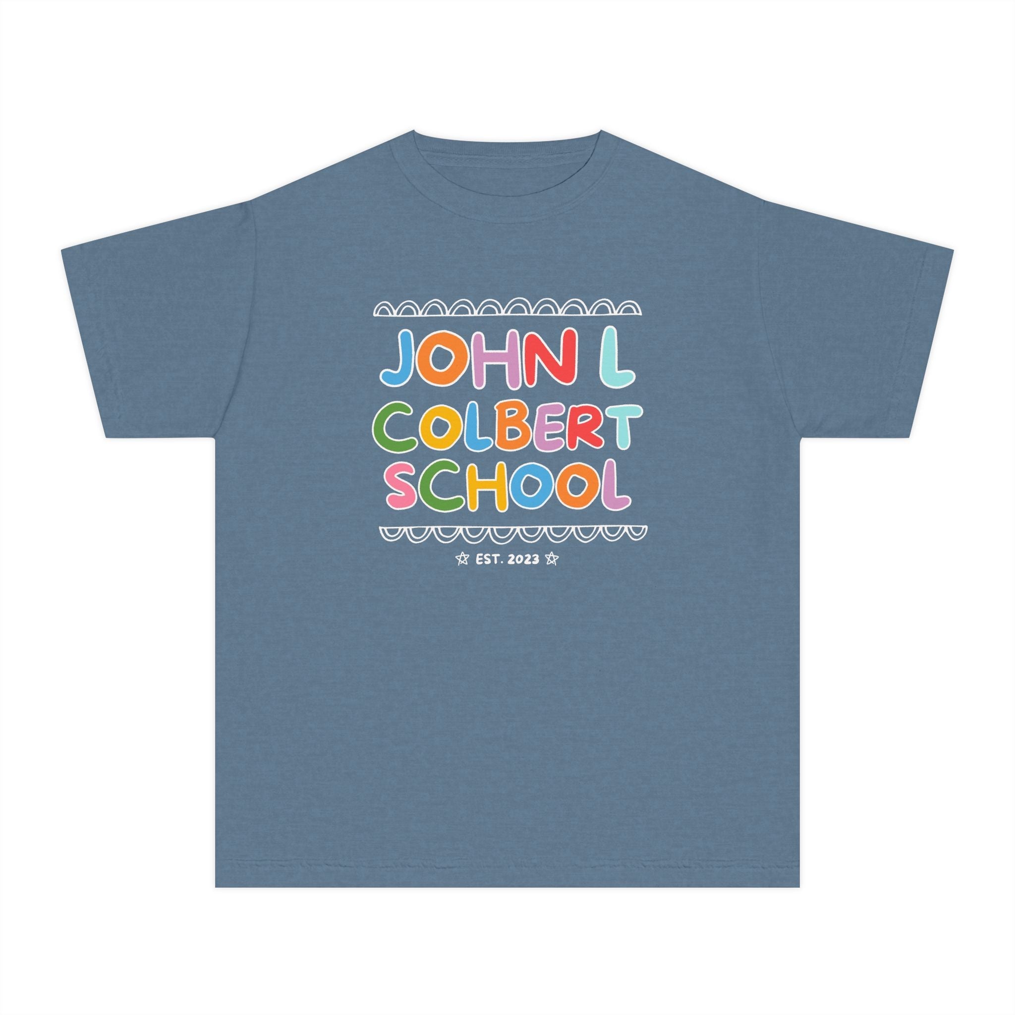 John L Colbert School Kids Tee Shirt: Rainbow Letters | FPS + Opal and June Kids Tee Shirt, Fayetteville Public Schools - Opal and June